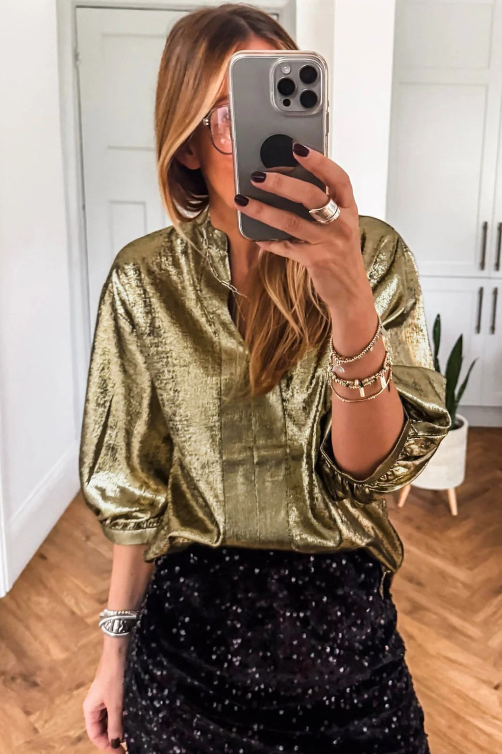 Apricot Metallic Round Neck Smocked Long Sleeve Blouse