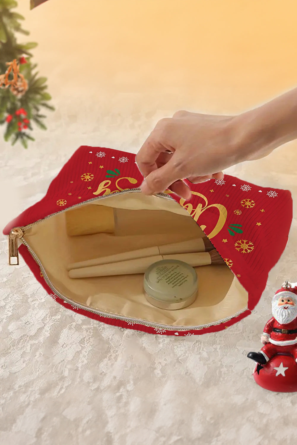 White Christmas Fashion Print Corduroy Zip Up Cosmetic Bag