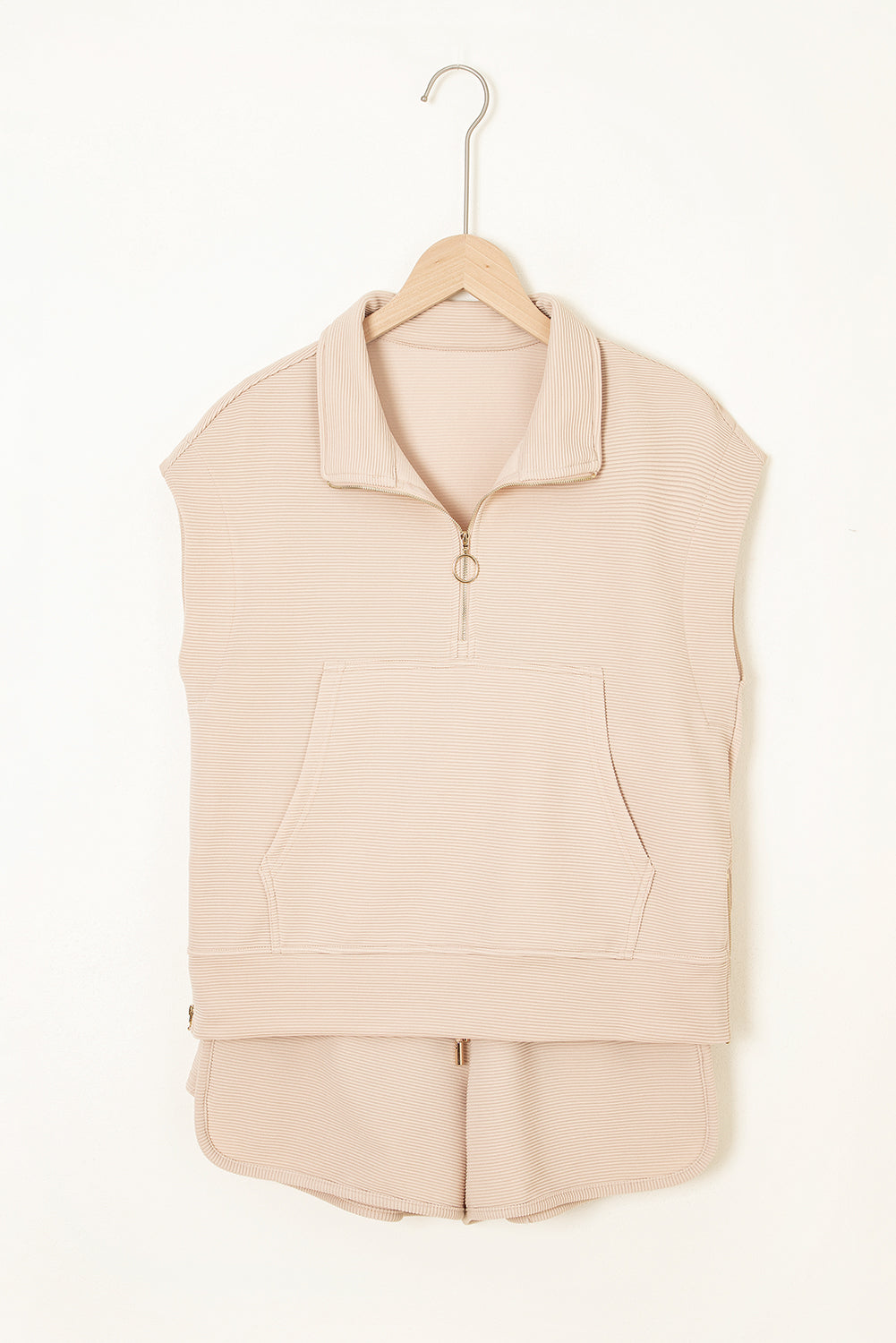 Black Textured Half Zip Kangaroo Pocket Top Drawstring Shorts Set