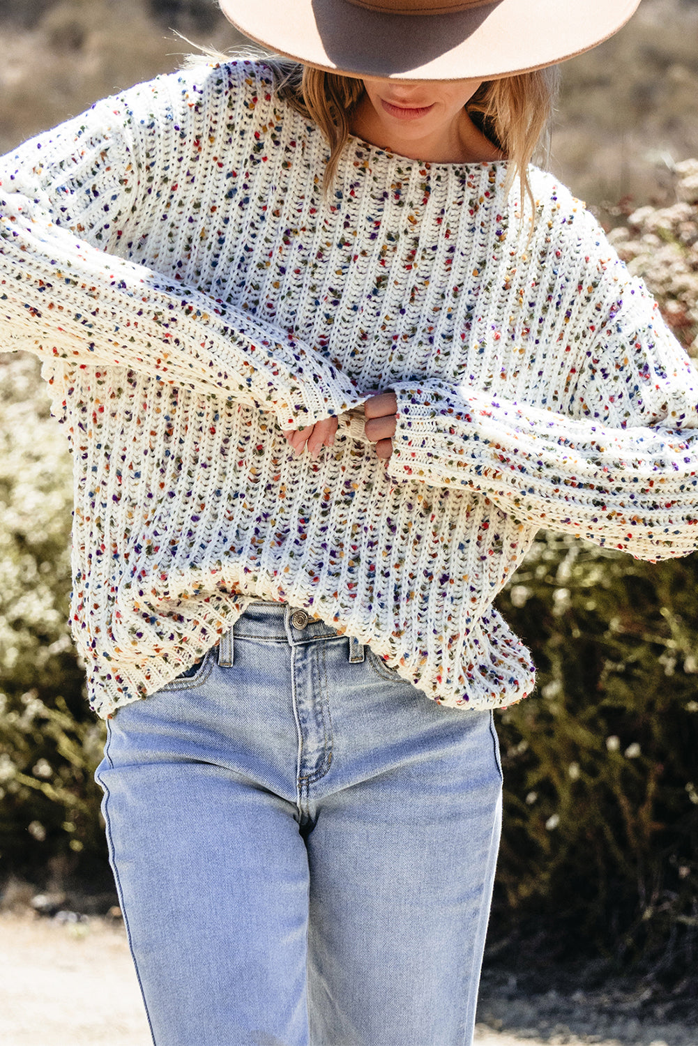 White Confetti Rib Knit Long Sleeve Cardigan