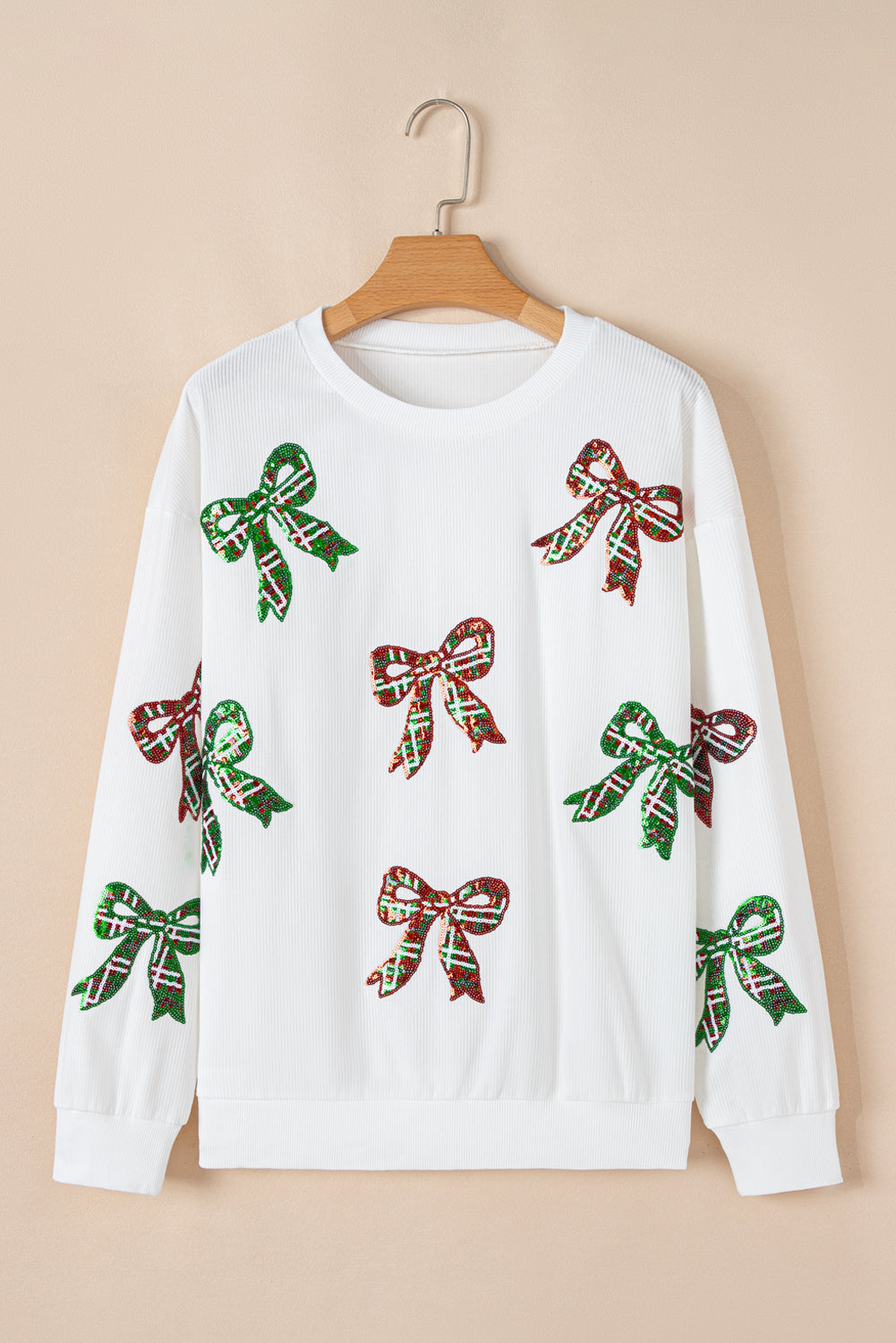 White Plaid Bowknot Pattern Corded Oversized Sweatshirt