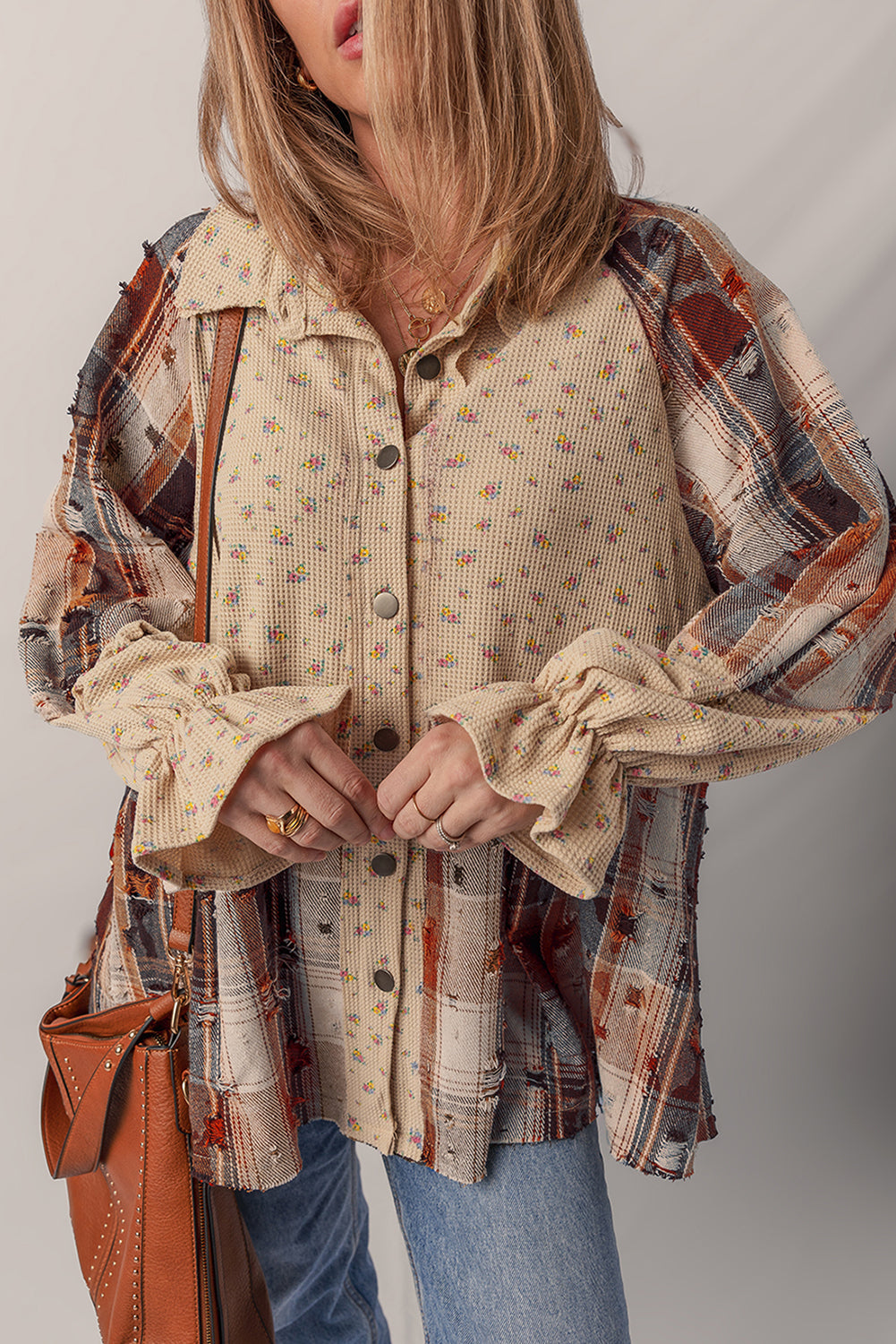 Mist Green Boho Floral Plaid Patchwork Distressed Detail Ruffled Sleeve Waffle Knit Shacket