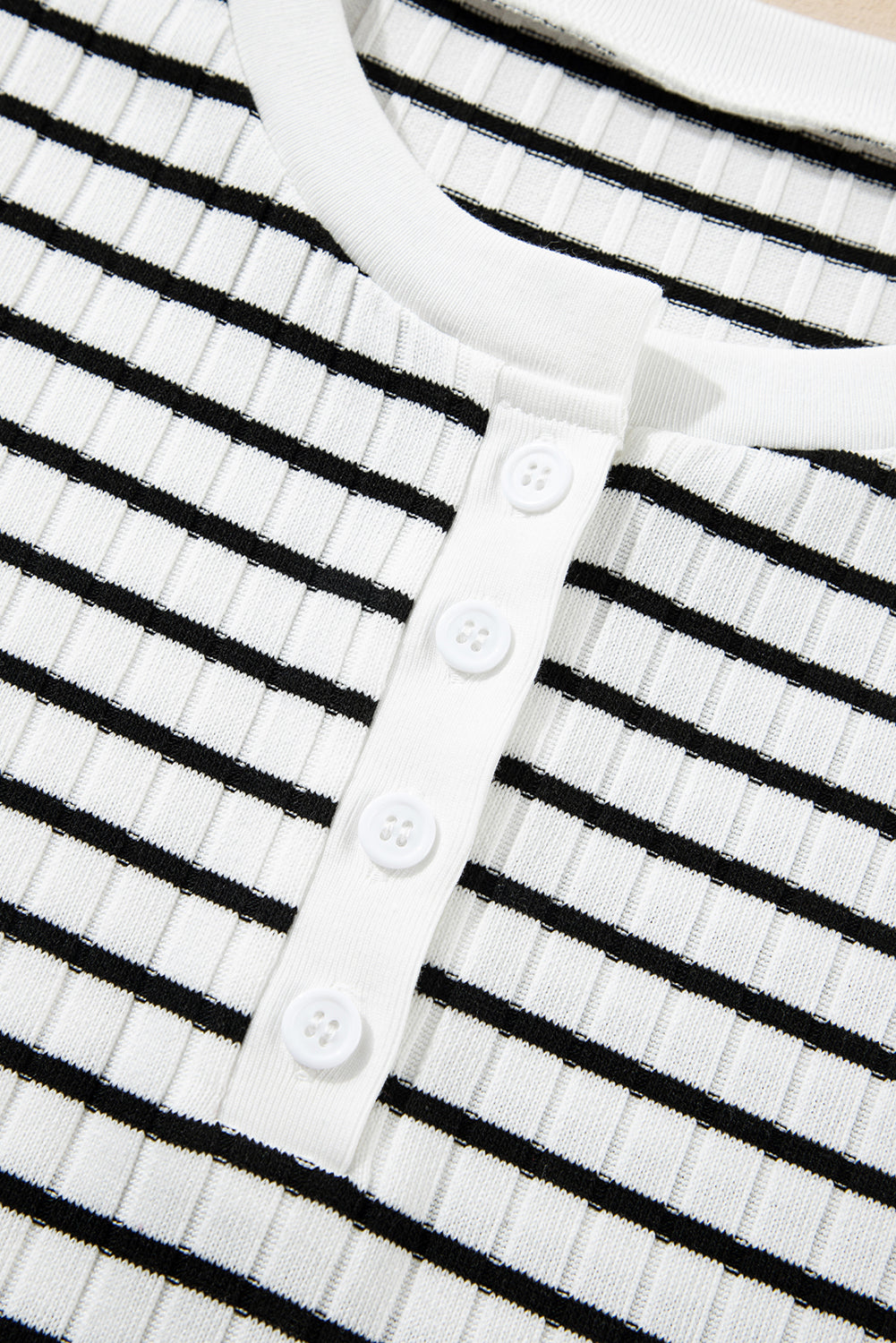 White Stripe Textured Short Sleeve Buttoned Henley Top