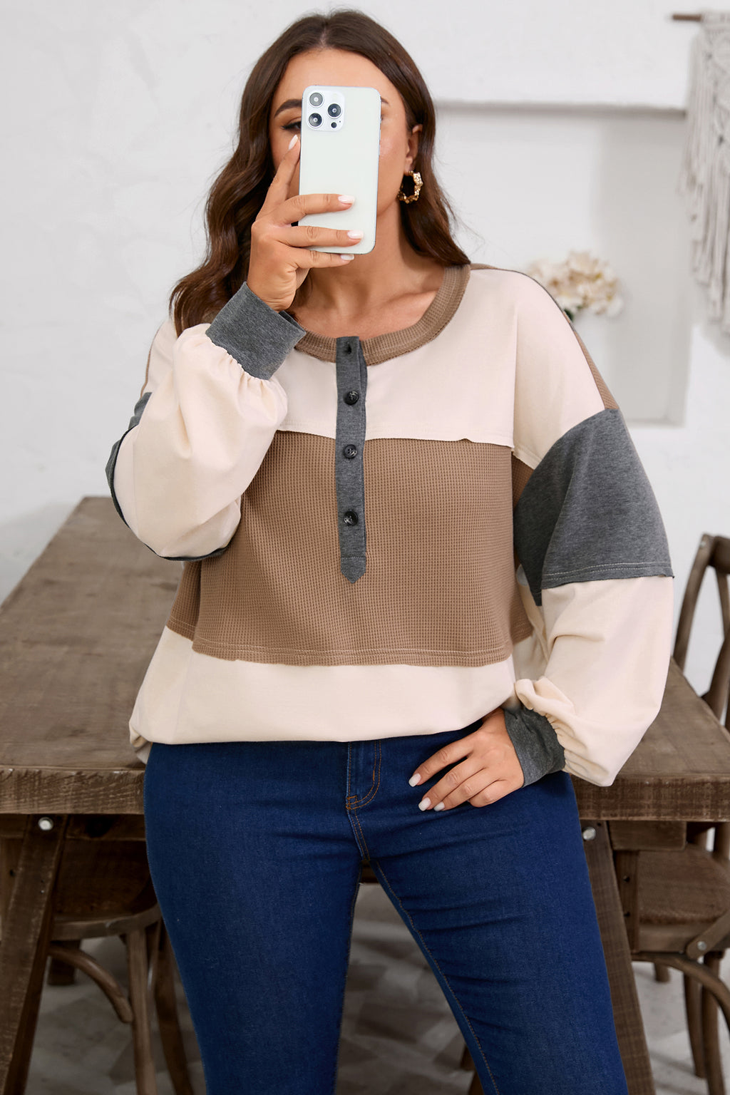 Jet Stream Color Block Waffled Patchwork Loose Henley Top