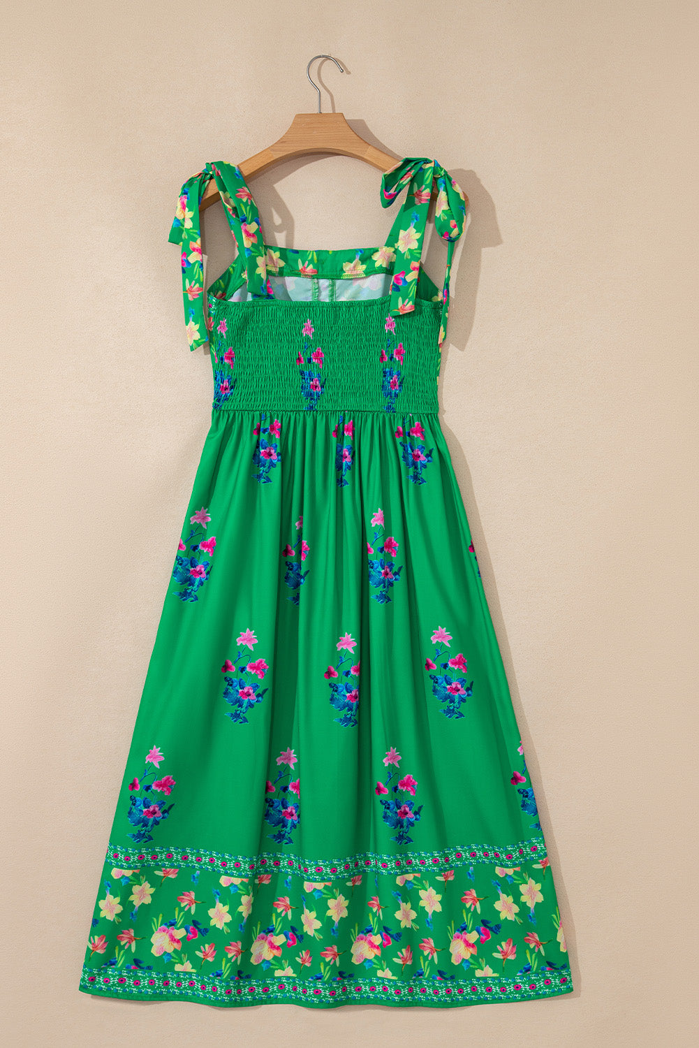 Green Floral Detail Tie Split Neck Short Sleeve Blouse