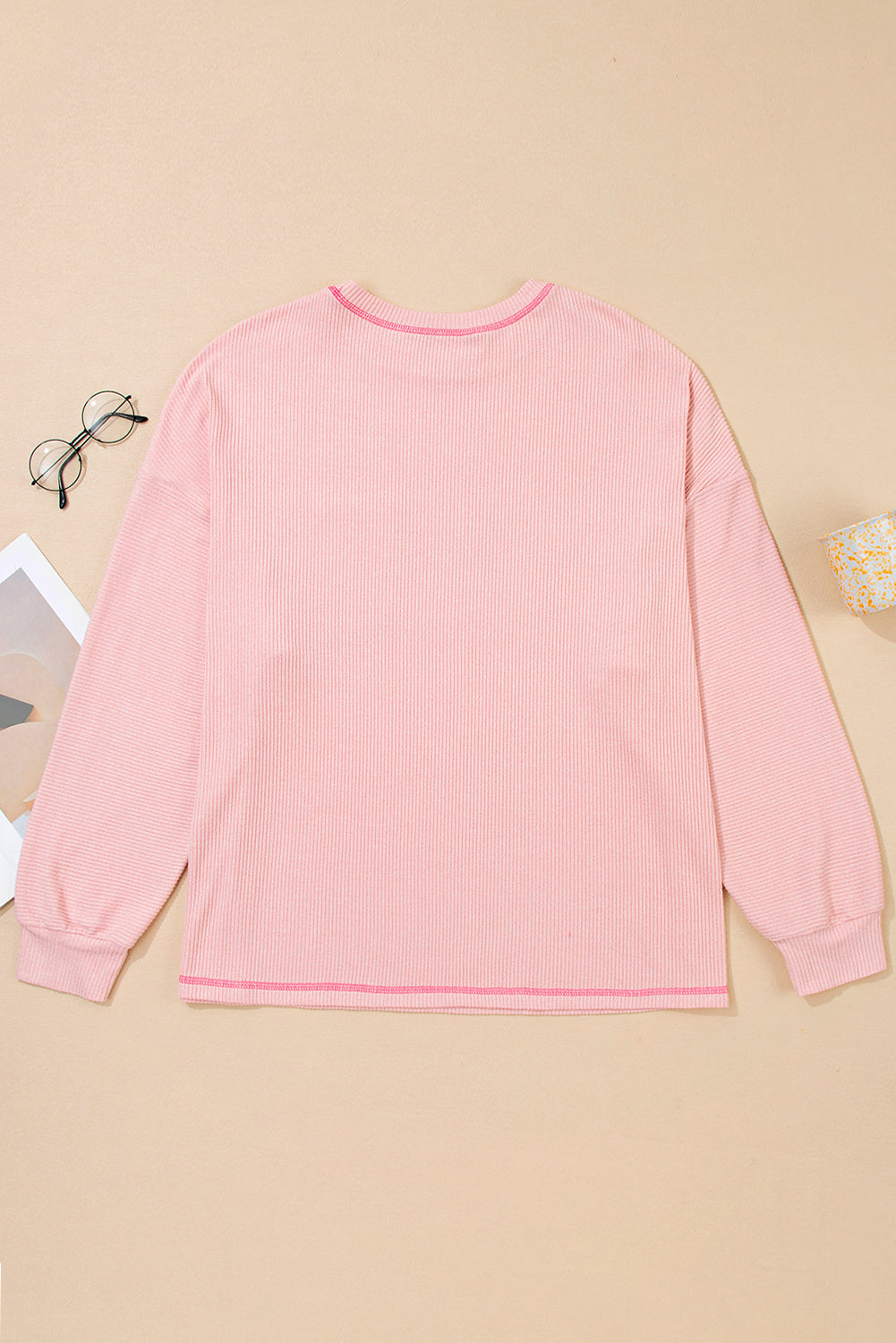 Bonbon Ribbed Exposed Seam Round Neck Chest Pocket Plus Knit Top