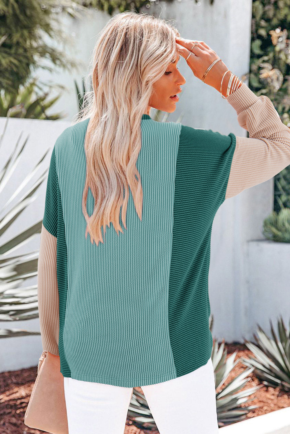 Pink Corded Colorblock Half Placket Pullover Sweatshirt