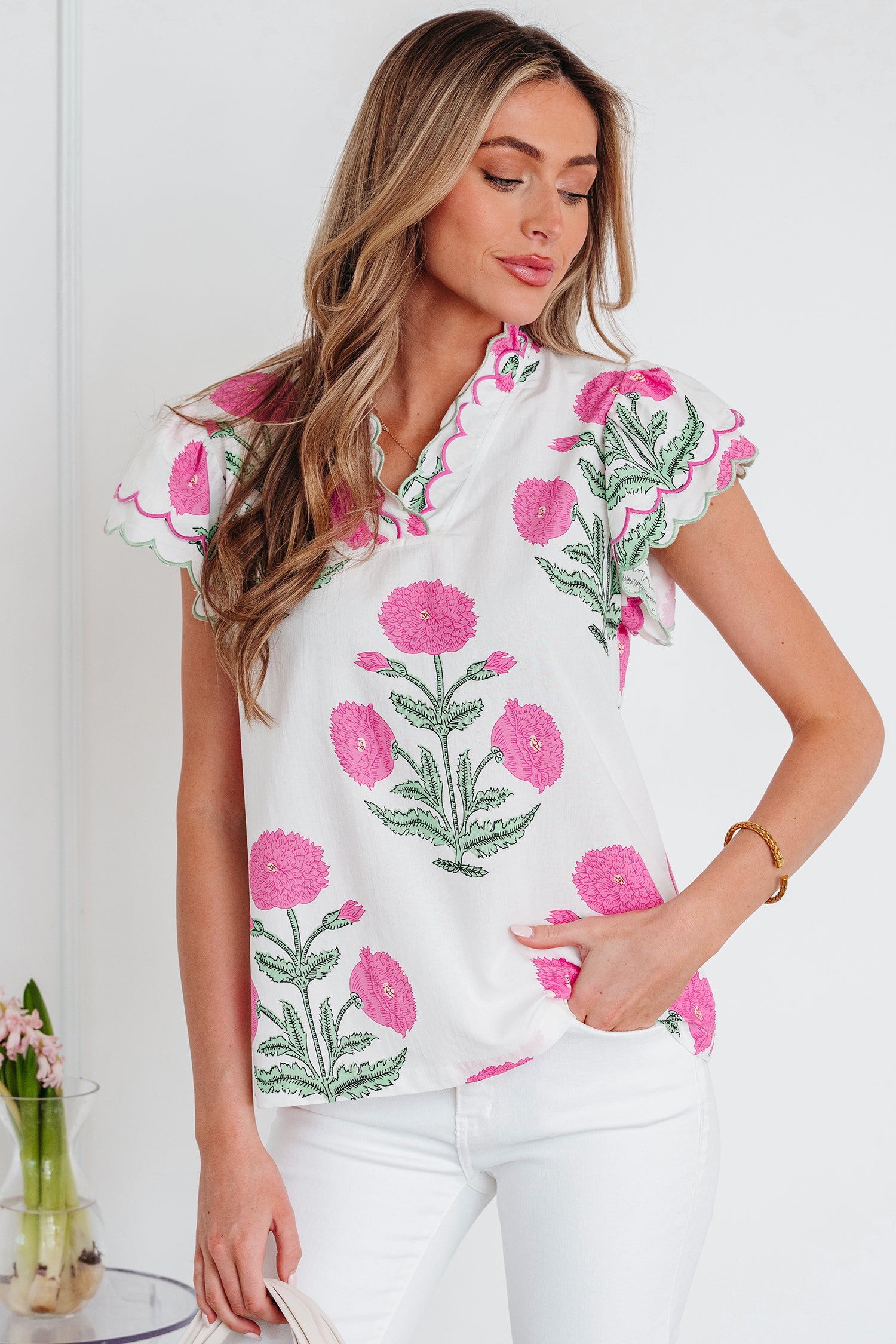 Blue Wild Flower Print Contrast Trim Scallop Detail Short Sleeve Blouse
