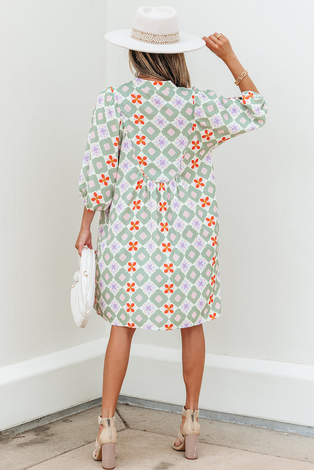 Green Geometric Floral Print Layered Flutter Sleeve V Neck Ric Rac Trim Blouse