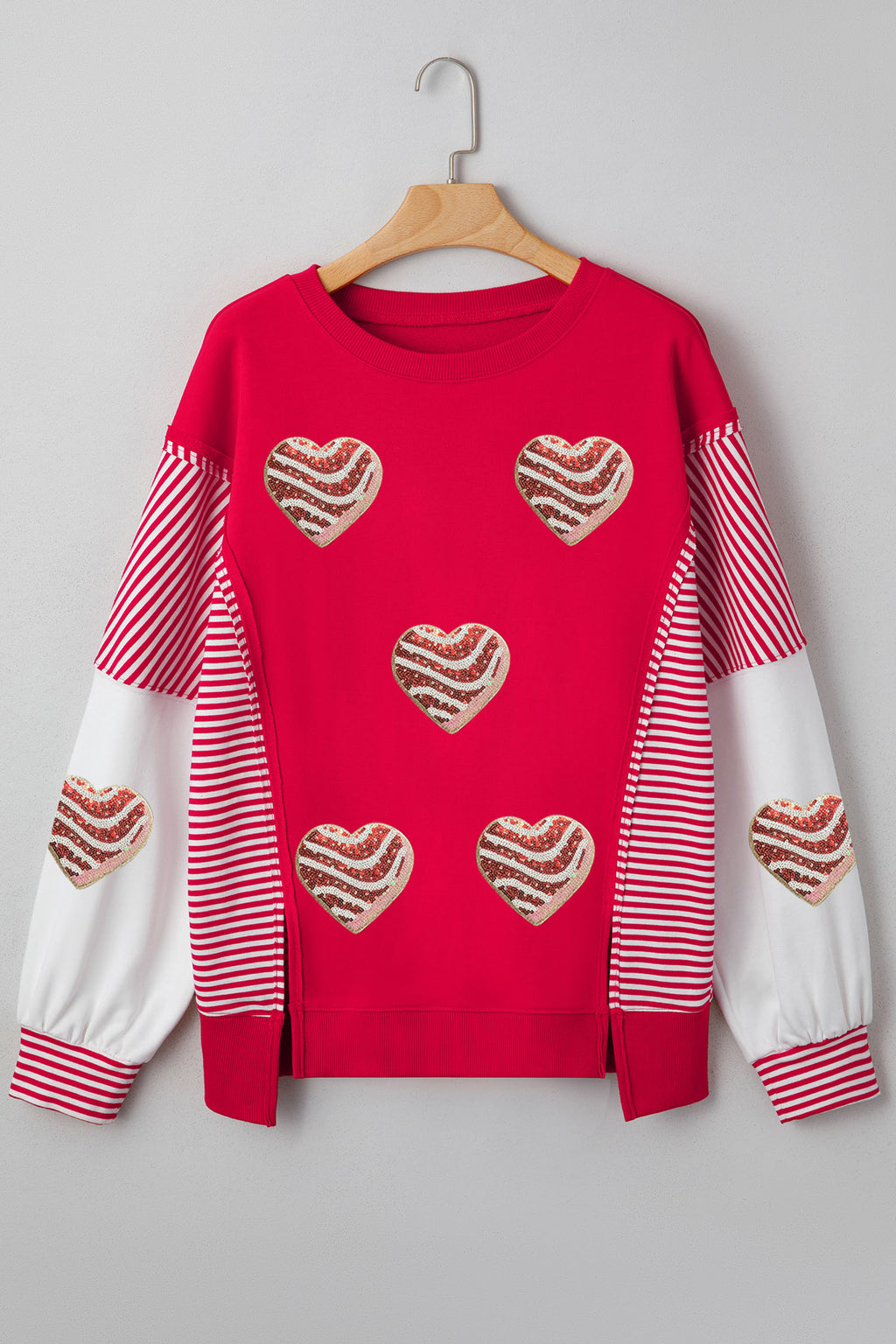 Fiery Red Color Block Striped Patchwork Valentines Day Sequin Heart Graphic Sweatshirt
