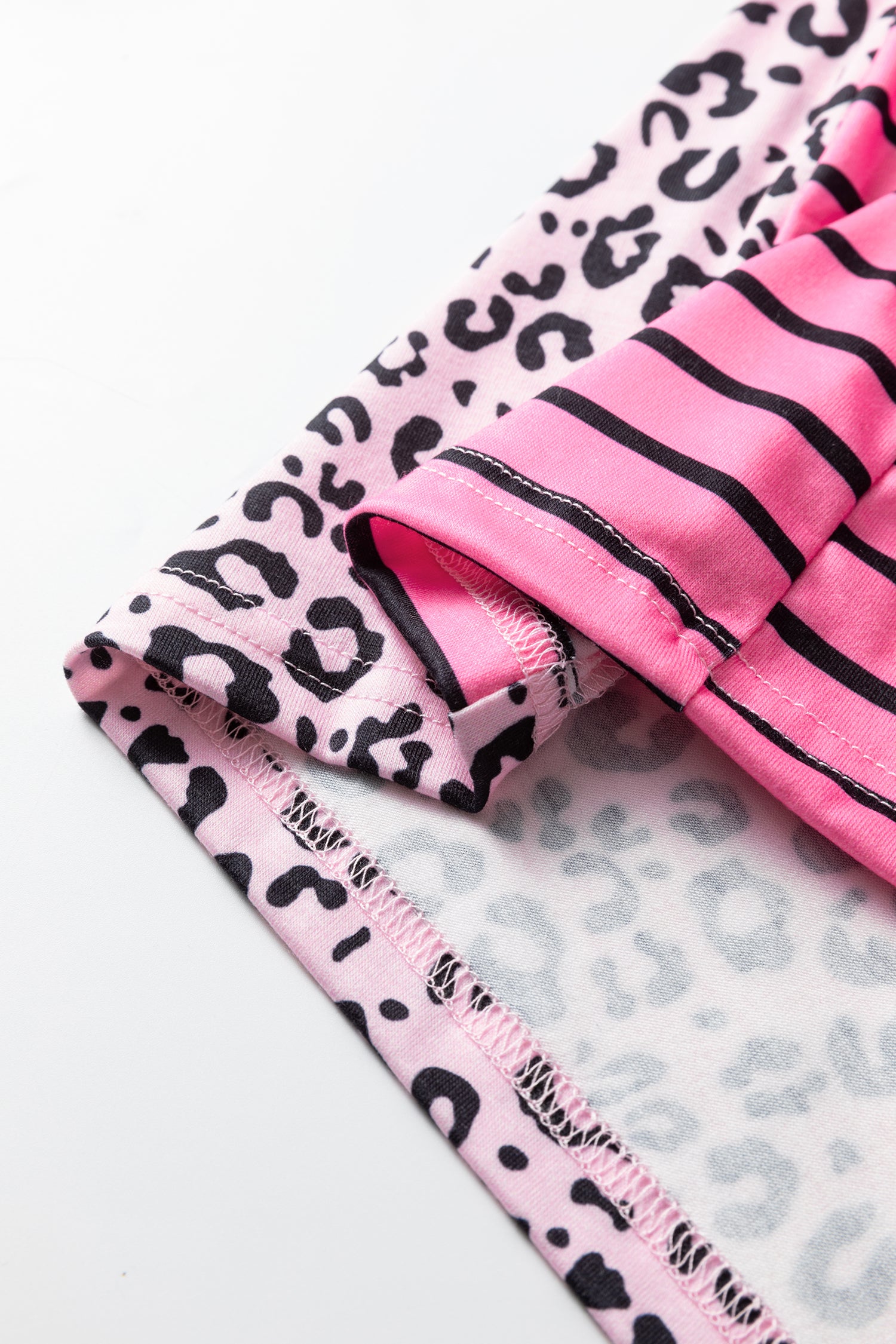 Pink Leopard Striped Patchwork Side Slit Loose Short Sleeve Top