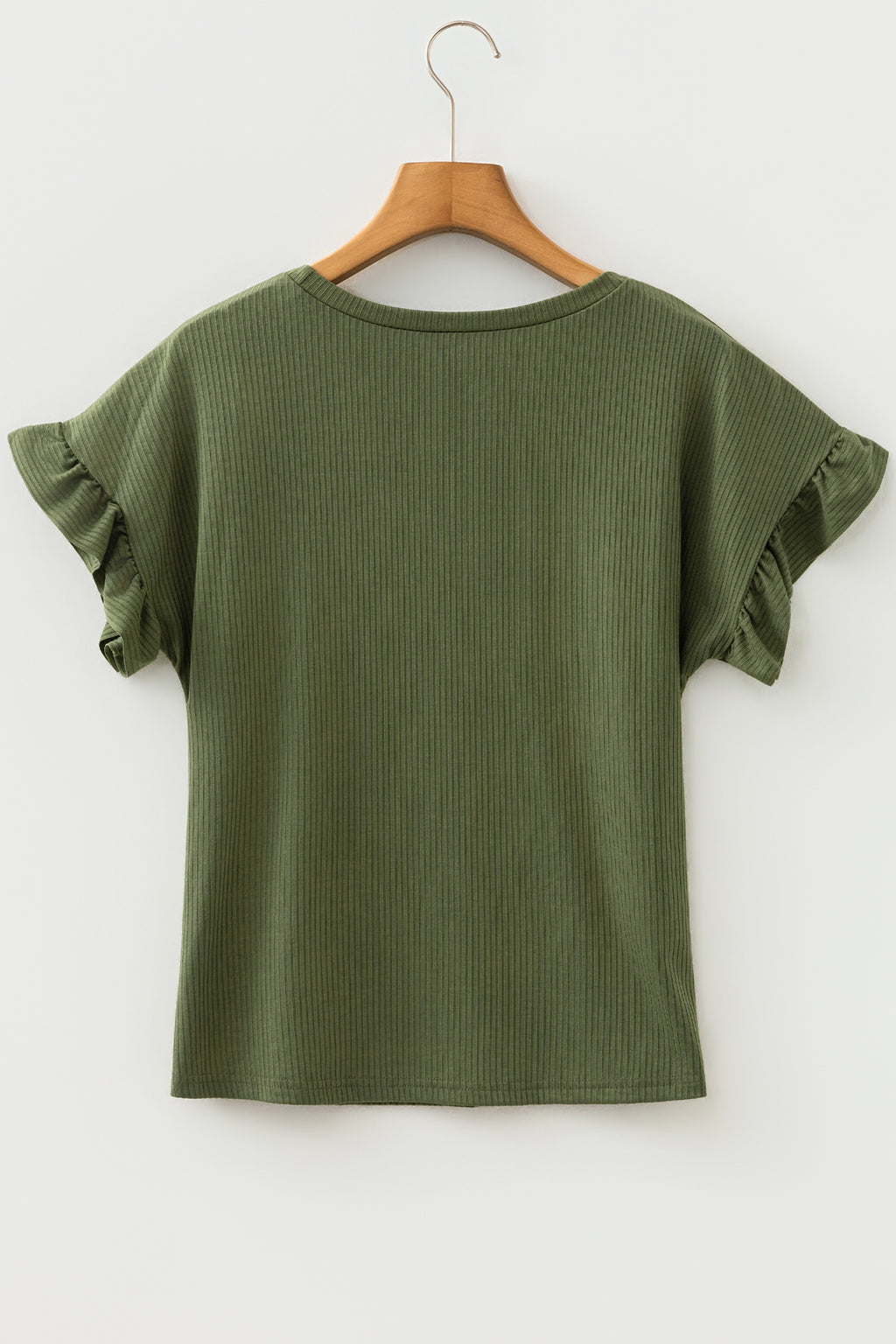 Blackish Green Solid Color Ribbed Ruffled Short Sleeve T Shirt