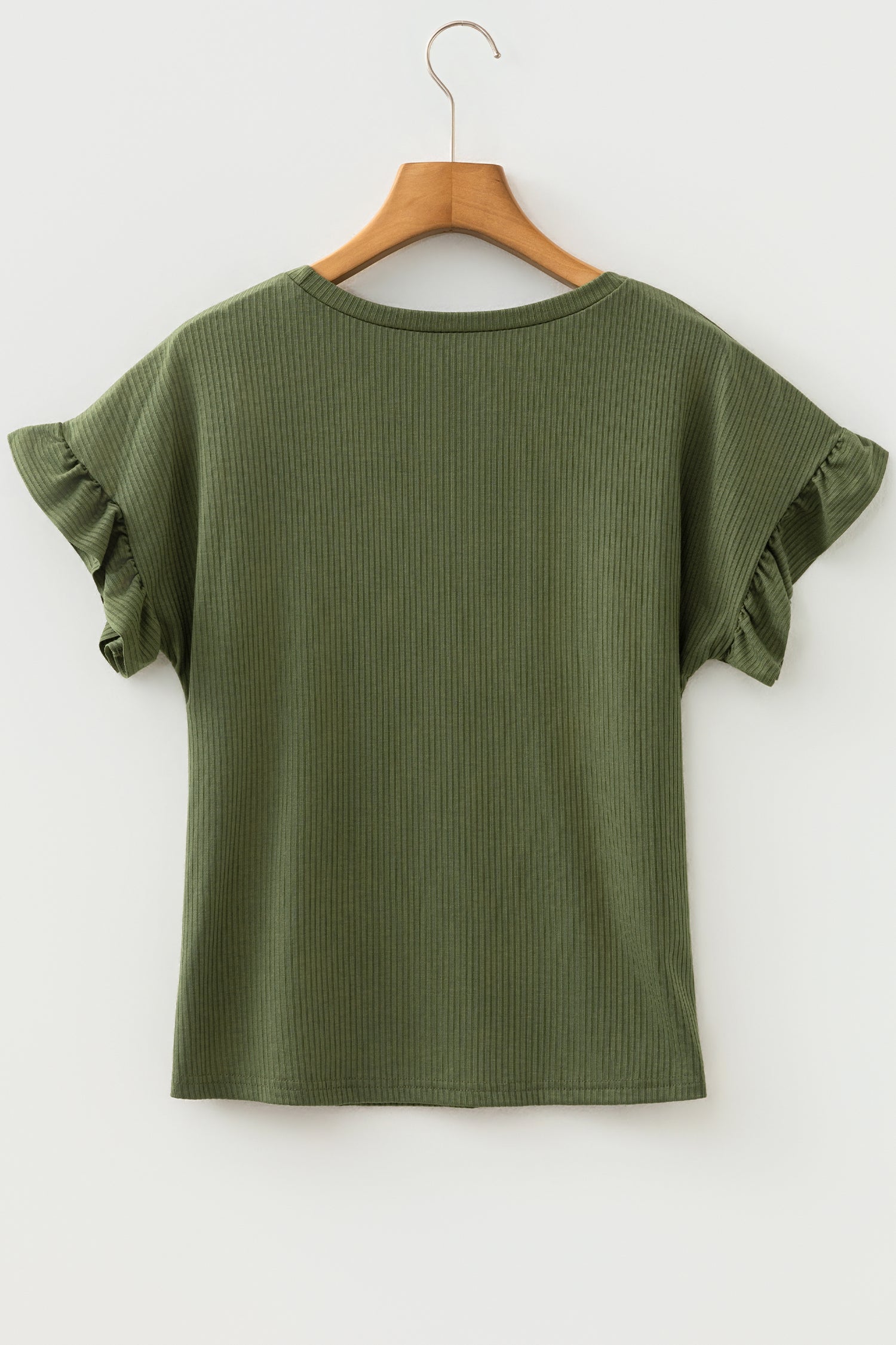 Blackish Green Solid Color Ribbed Ruffled Short Sleeve T Shirt