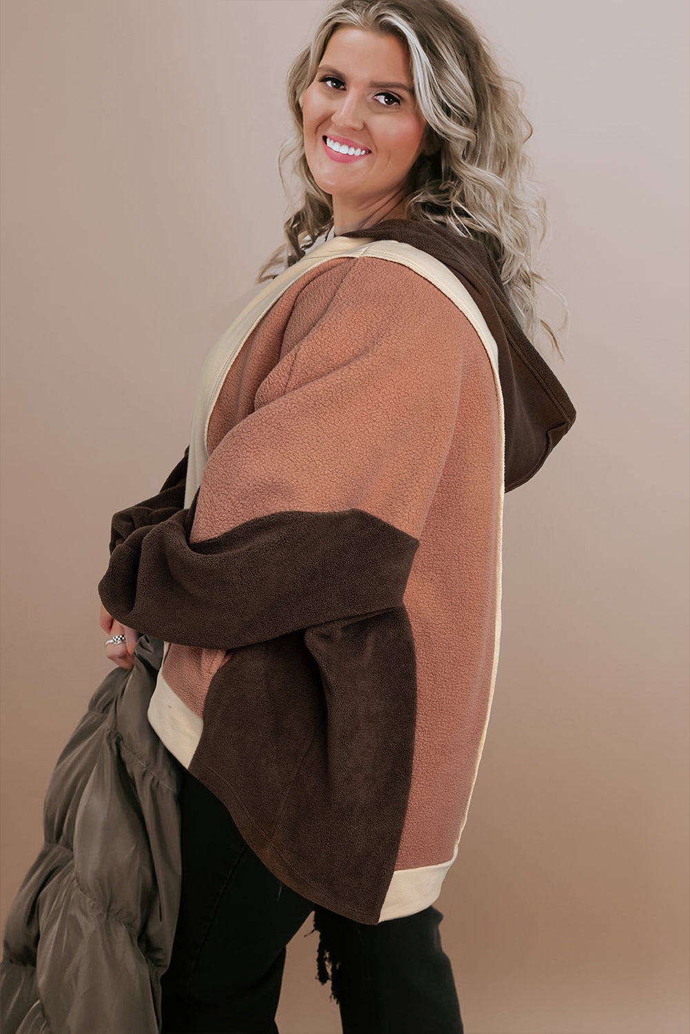Beige Oversized Color Block Patchwork High Low Hoodie