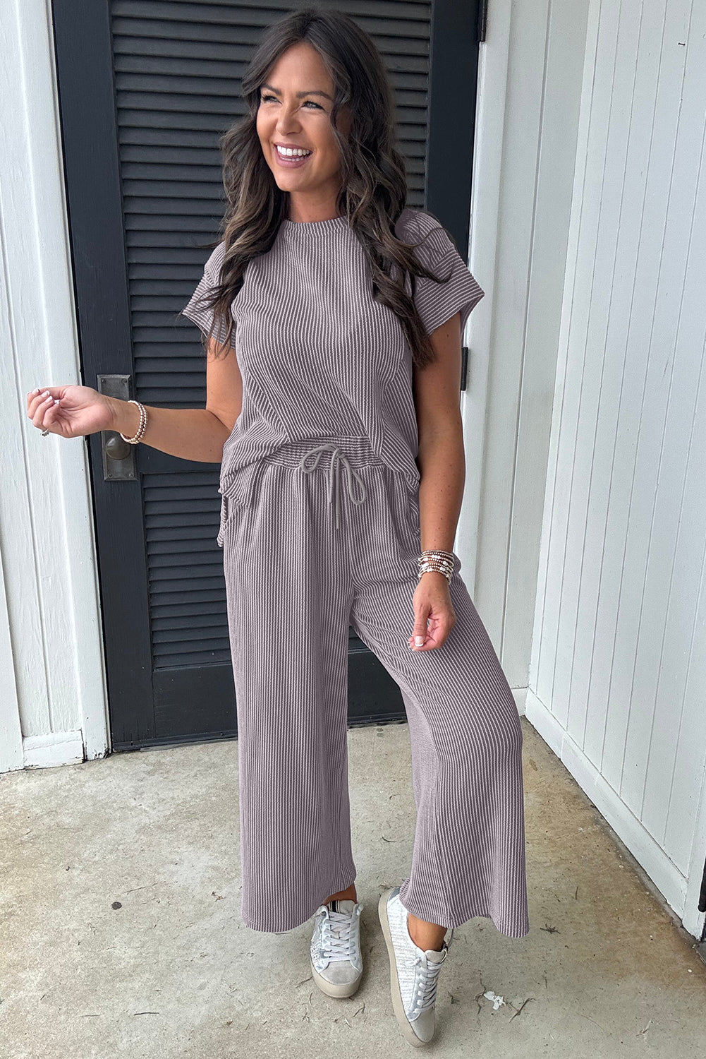 Blue Solid Corded Knit Short Sleeve T Shirt and Wide Leg Pants Set