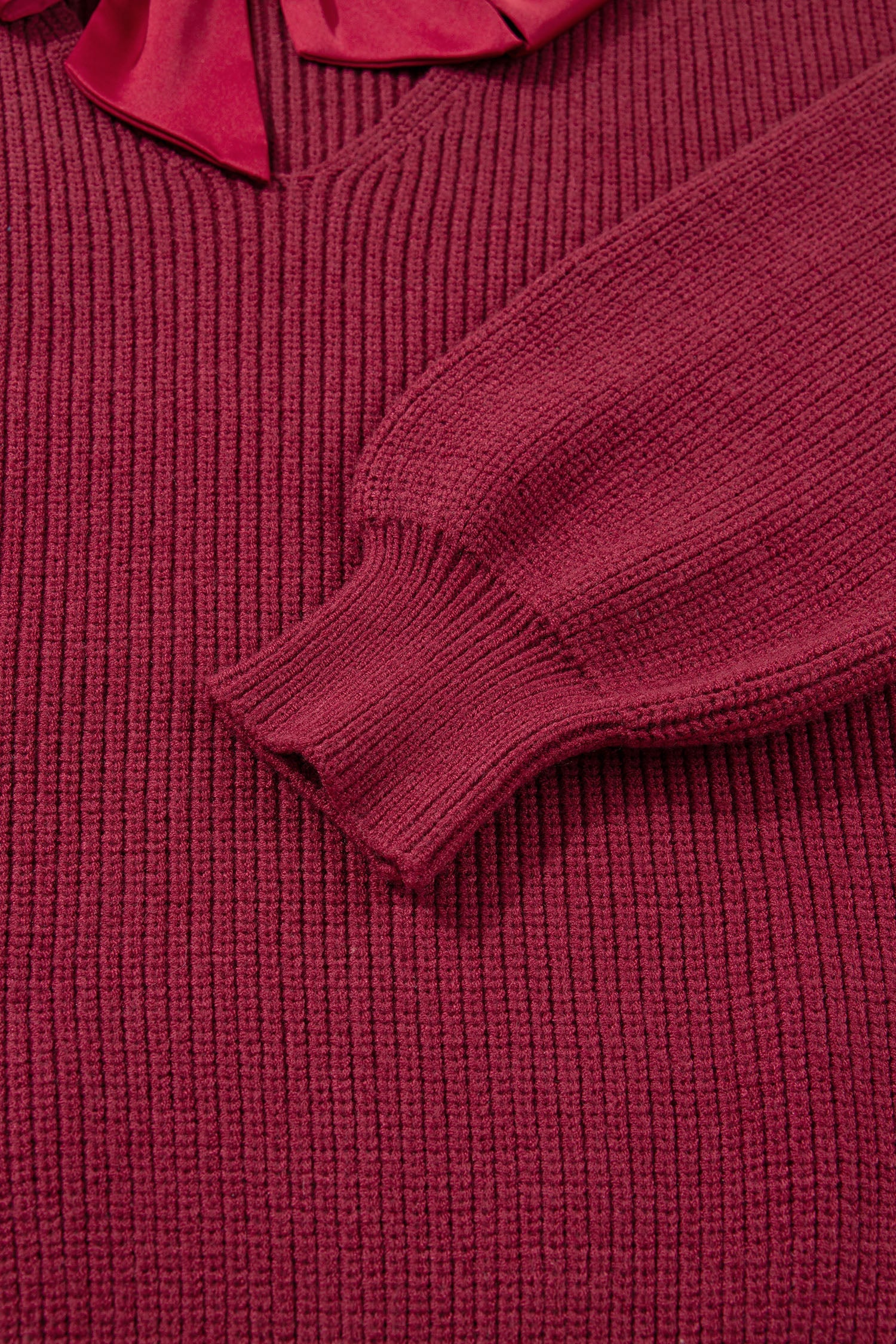 Black Ribbed Knit Ribbon Knot Backless Drop Shoulder Sweater