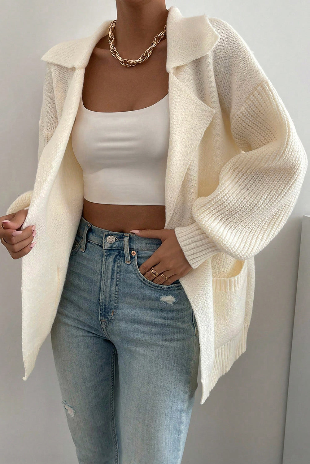 Beige Solid Color Knit Lapel Collar Single Button Sweater Cardigan