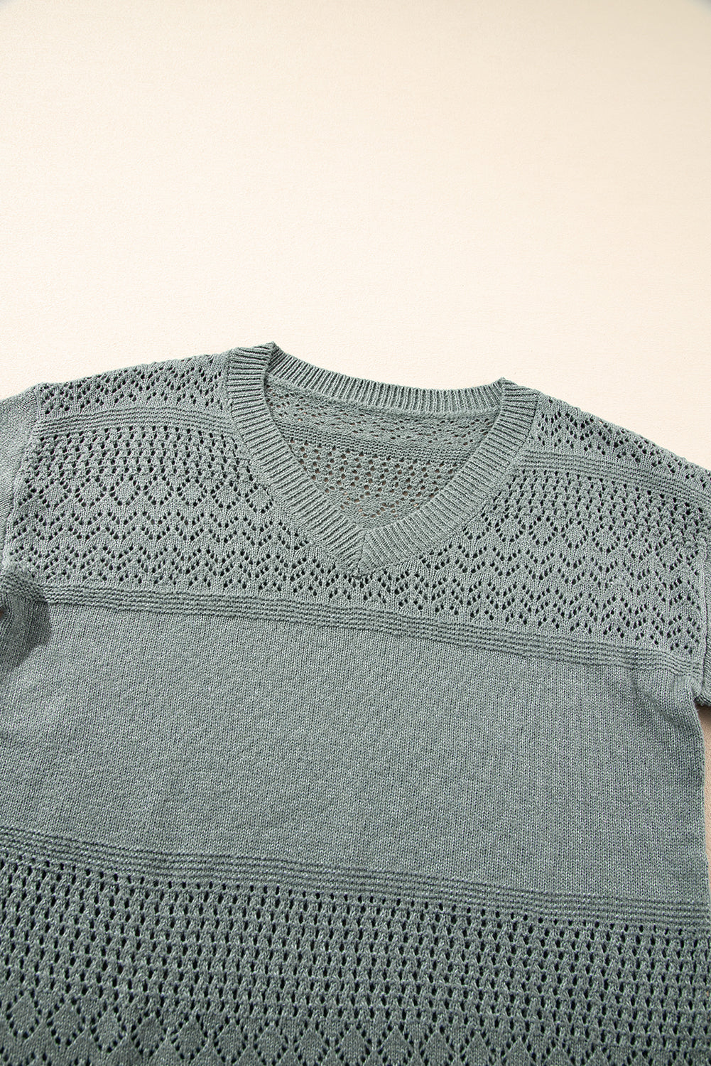 Sky Blue Eyelet Pattern Detail V Neck Drop Shoulder Sweater