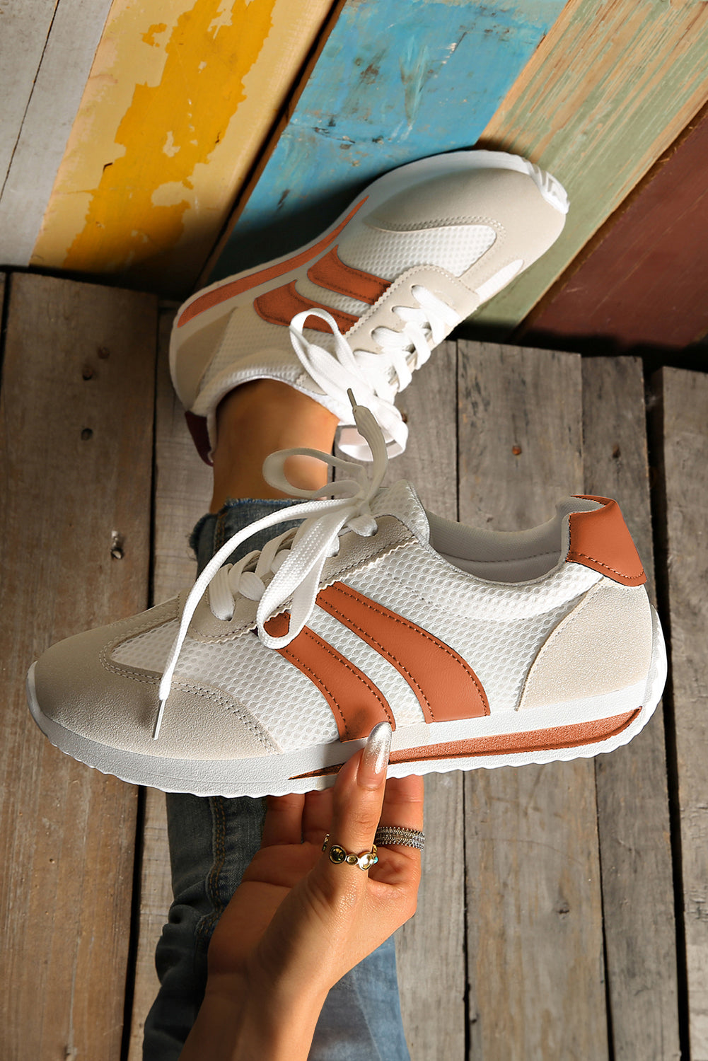 White Color Block Patchwork Breathable Lace-up Sneakers
