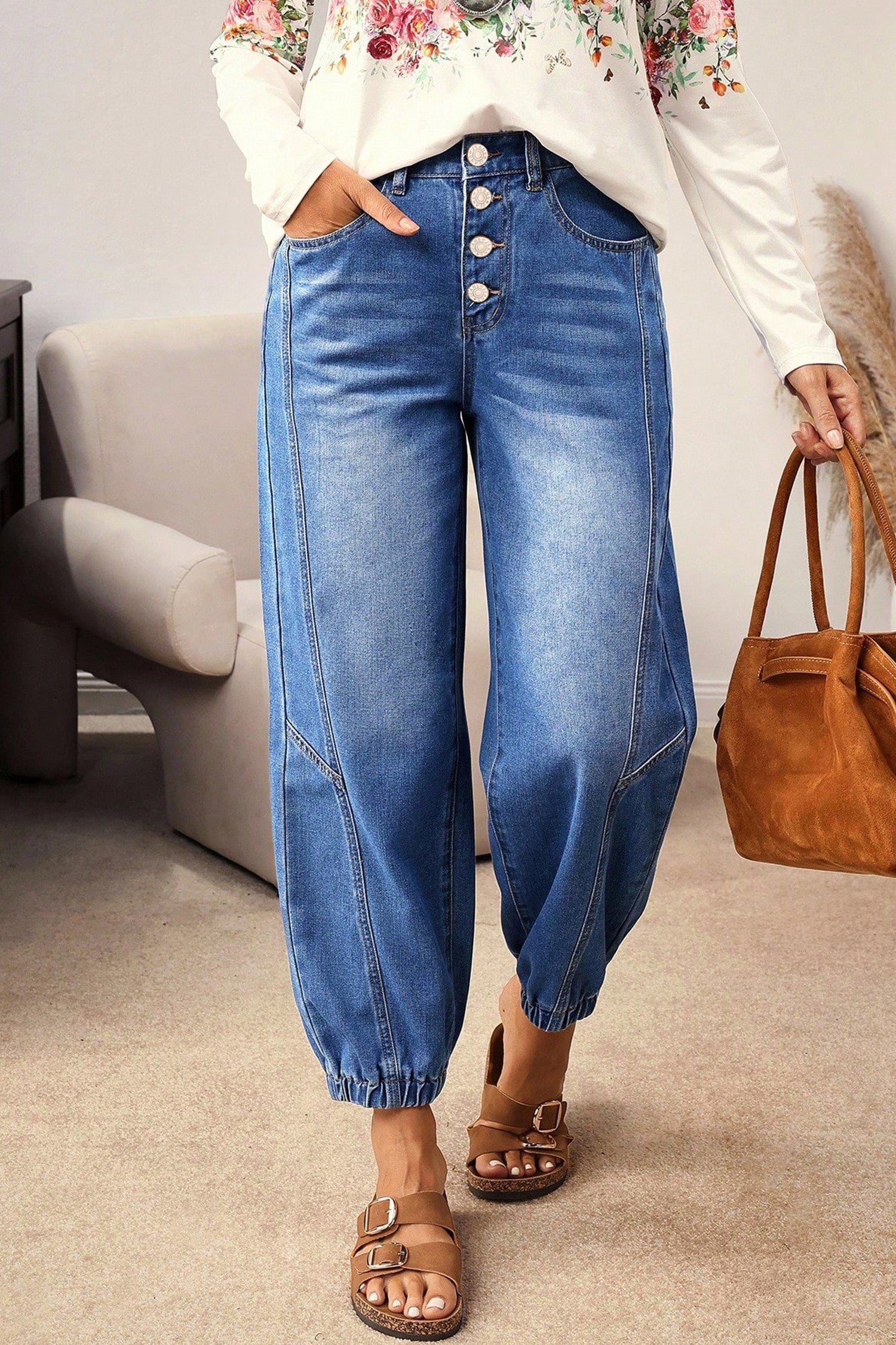 Dusk Blue Loose Straight Leg Cropped High Waist Jeans
