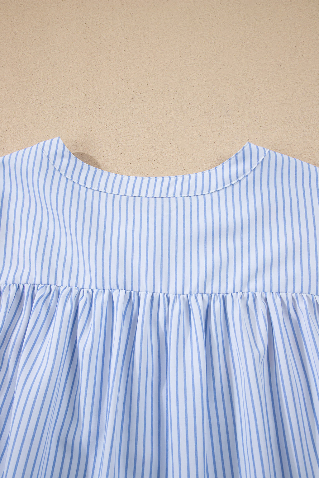 Sky Blue Stripe Floral Embroidered Billowy Sleeve Tunic Baggy Shirt