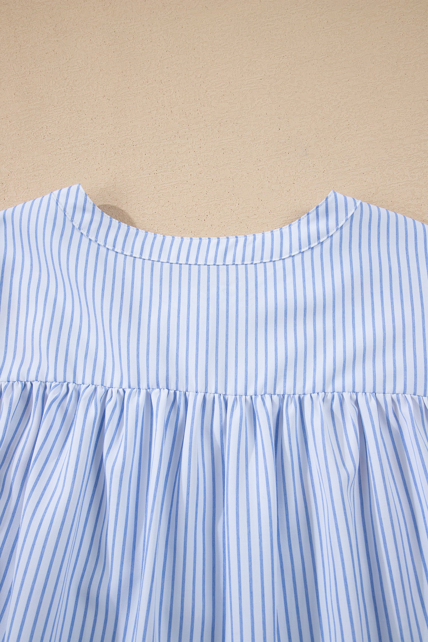 Sky Blue Stripe Floral Embroidered Billowy Sleeve Tunic Baggy Shirt