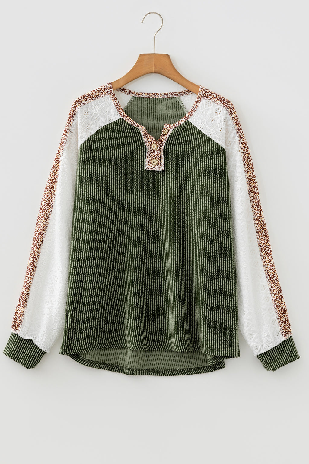 Dark Khaki Twisted Ribbed Leopard Lace Contrast Patchwork Long Sleeve Top