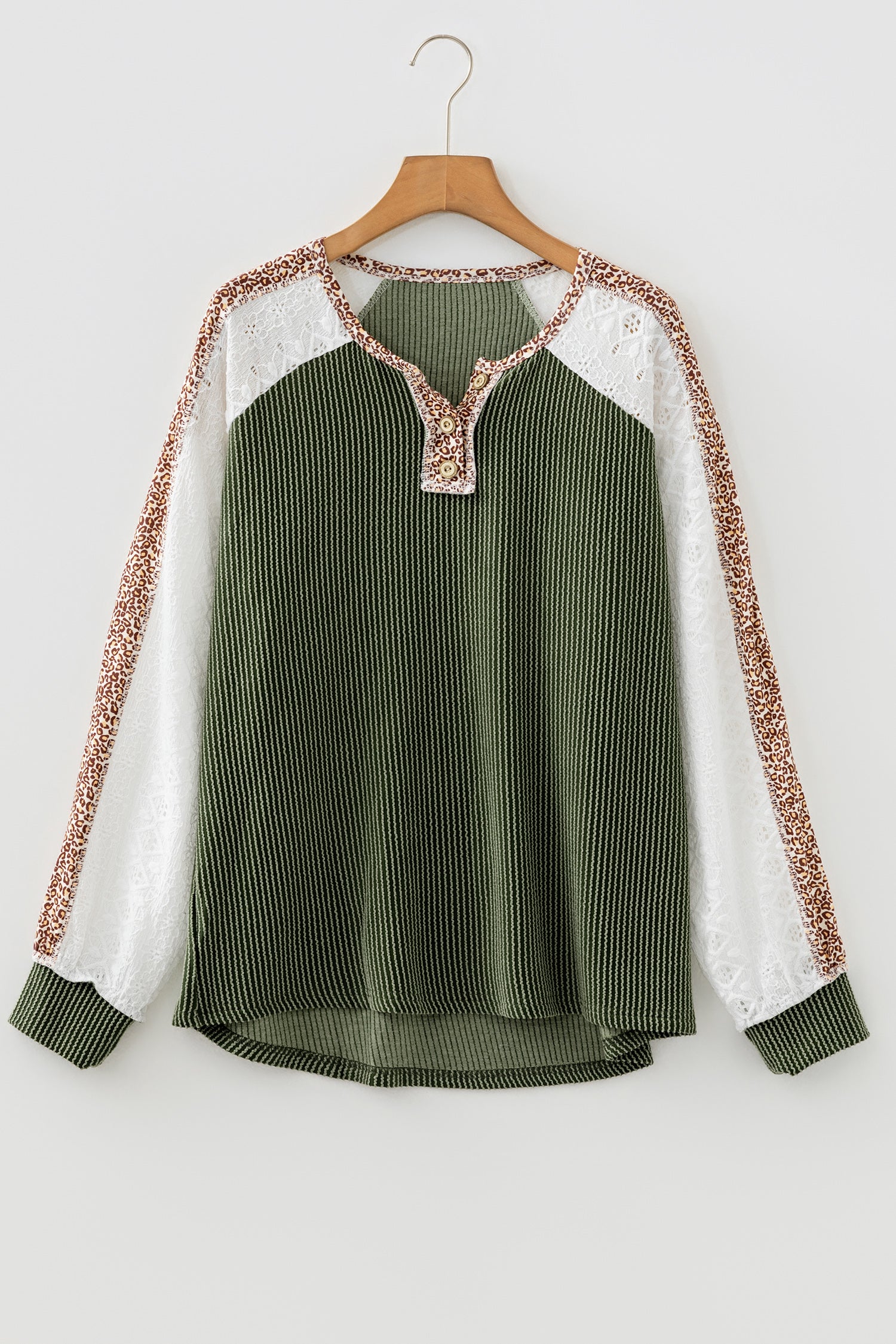 Dark Khaki Twisted Ribbed Leopard Lace Contrast Patchwork Long Sleeve Top