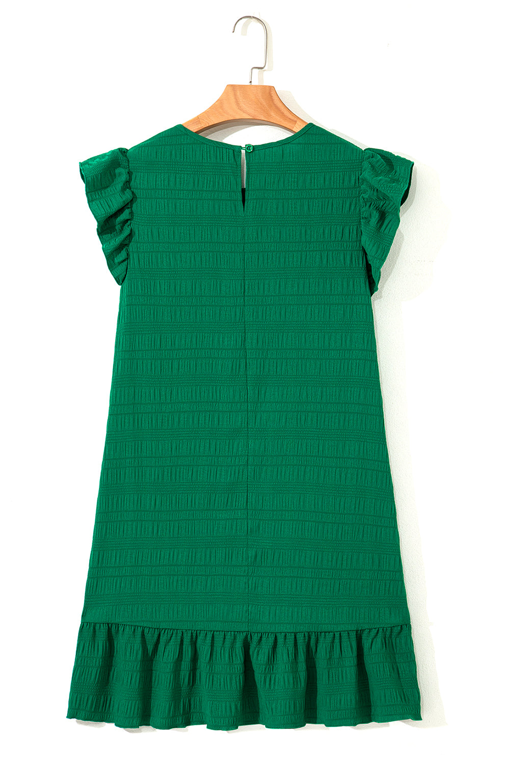 Dark Green Textured Ruffled Sleeve Round Neck Top