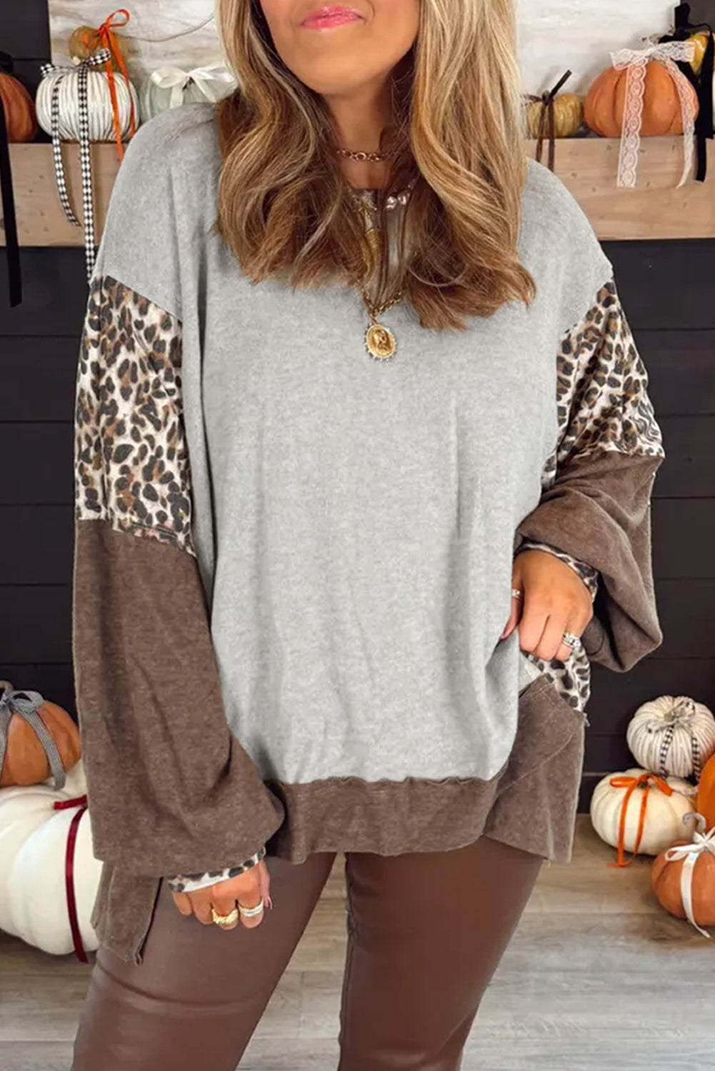 Gray Plus Size Leopard Color Block Patchwork Dolman Sweatshirt