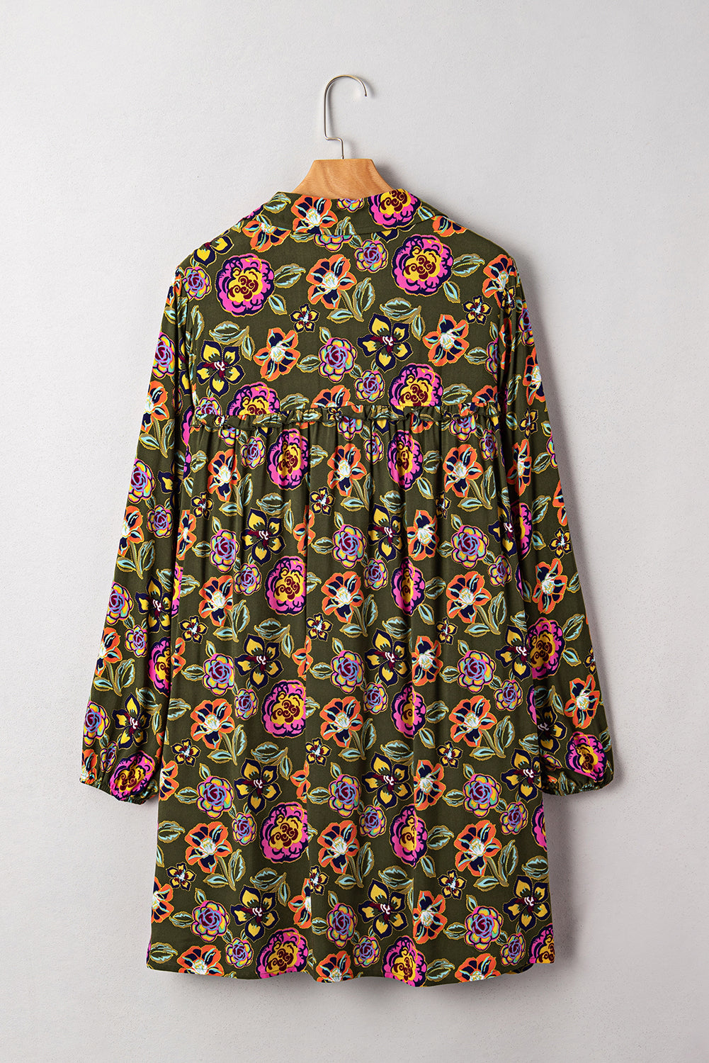 Green Plus Size Floral Print Collared V Neck Loose Mini Dress
