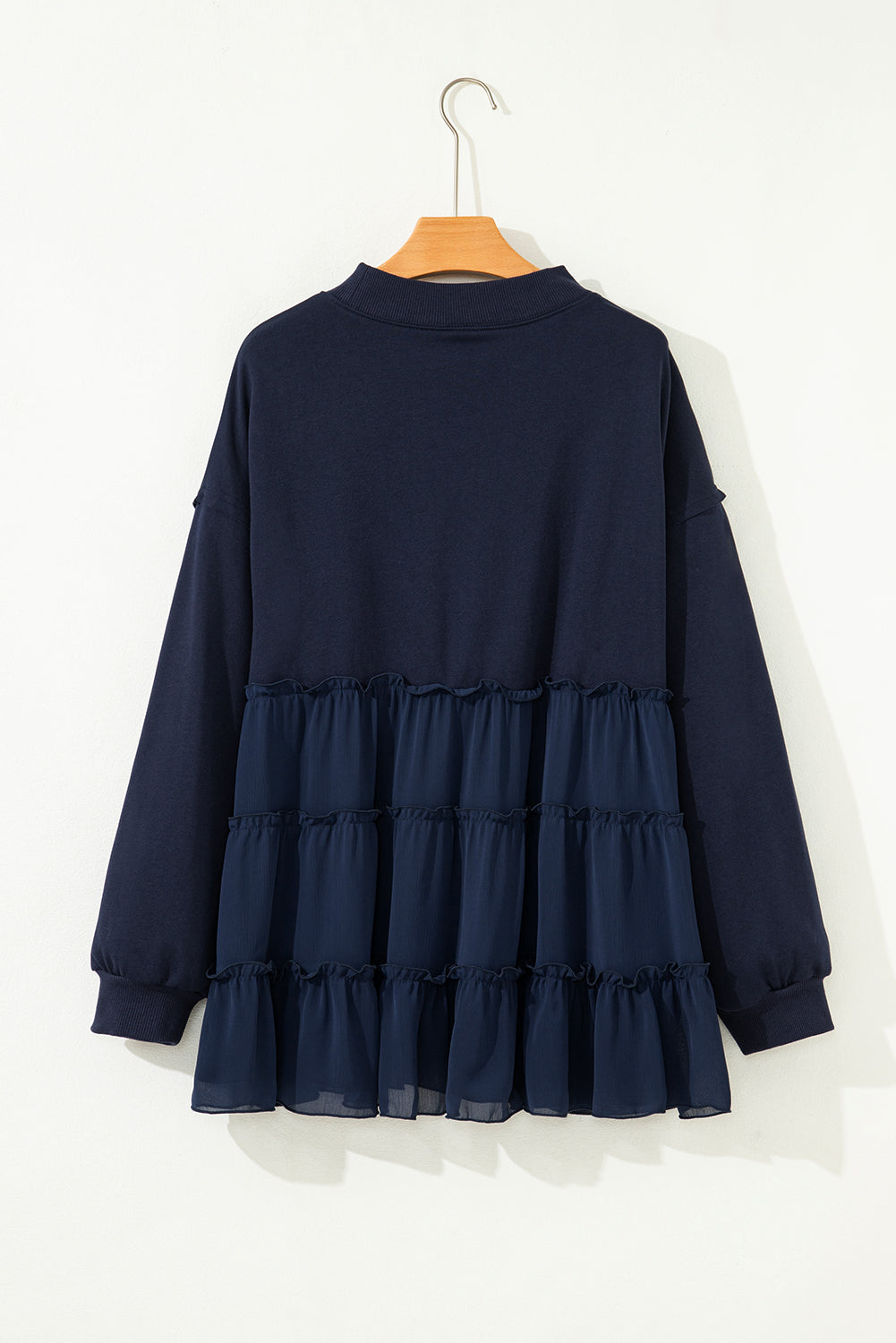 Pink Tiered Ruffle Ribbed Crew Neck Pullover Plus Size Top