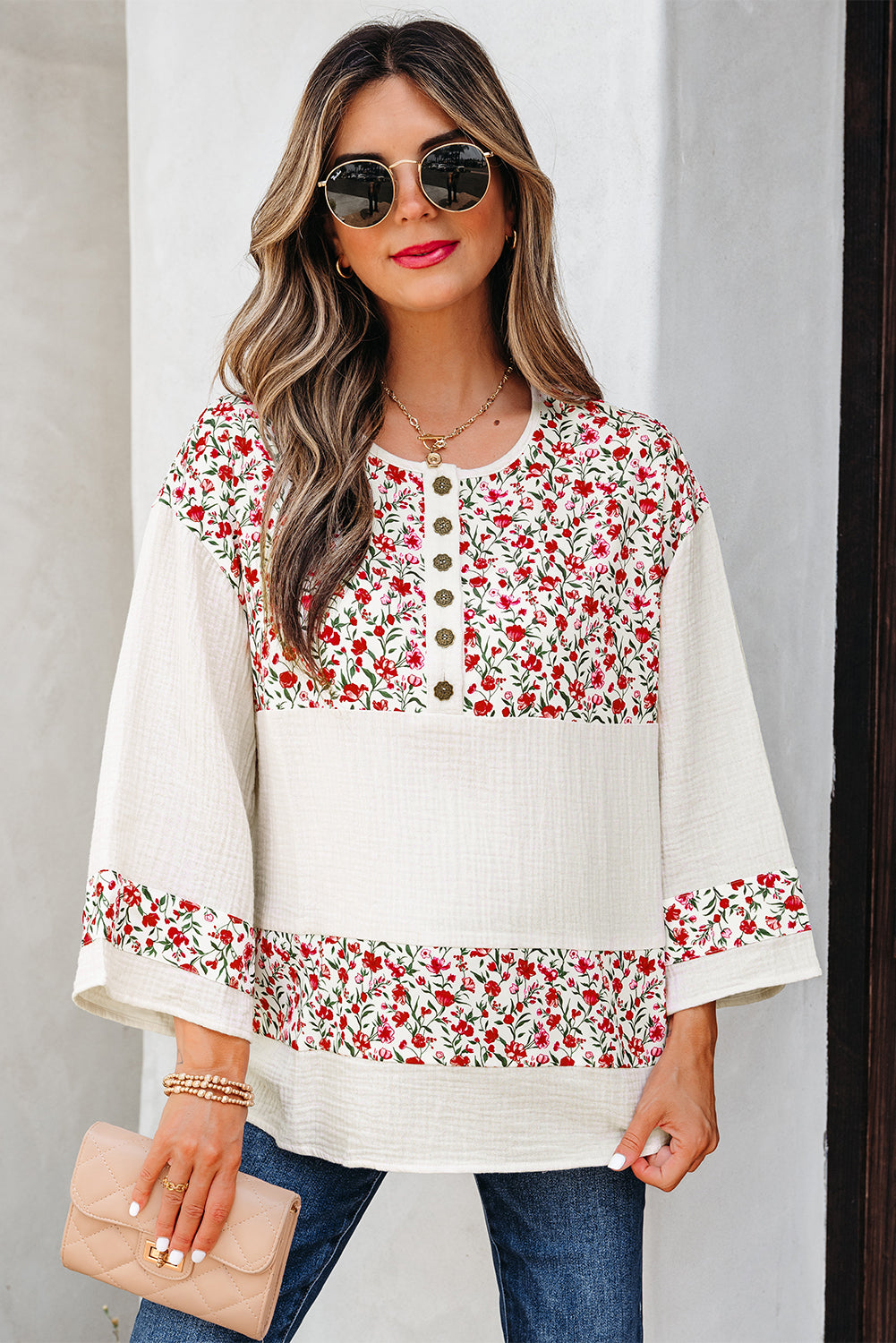 Sky Blue Floral Print Gauze Patchwork Henley Button 3/4 Sleeve Blouse