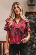 Red Festive Plaid Pearl Embellished Ruffle Short Sleeve Blouse