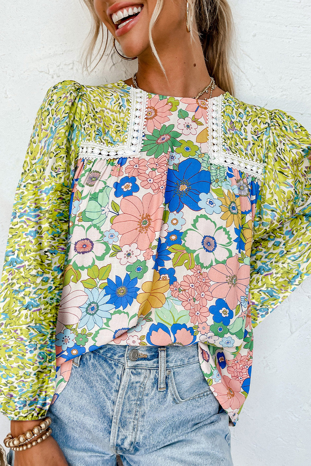 Rose Red Bubble Sleeve Lace Trim Floral Mixed Print Blouse