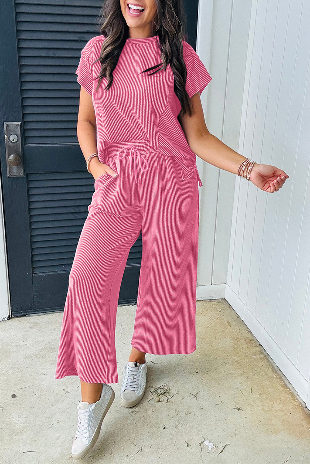 Blue Solid Corded Knit Short Sleeve T Shirt and Wide Leg Pants Set