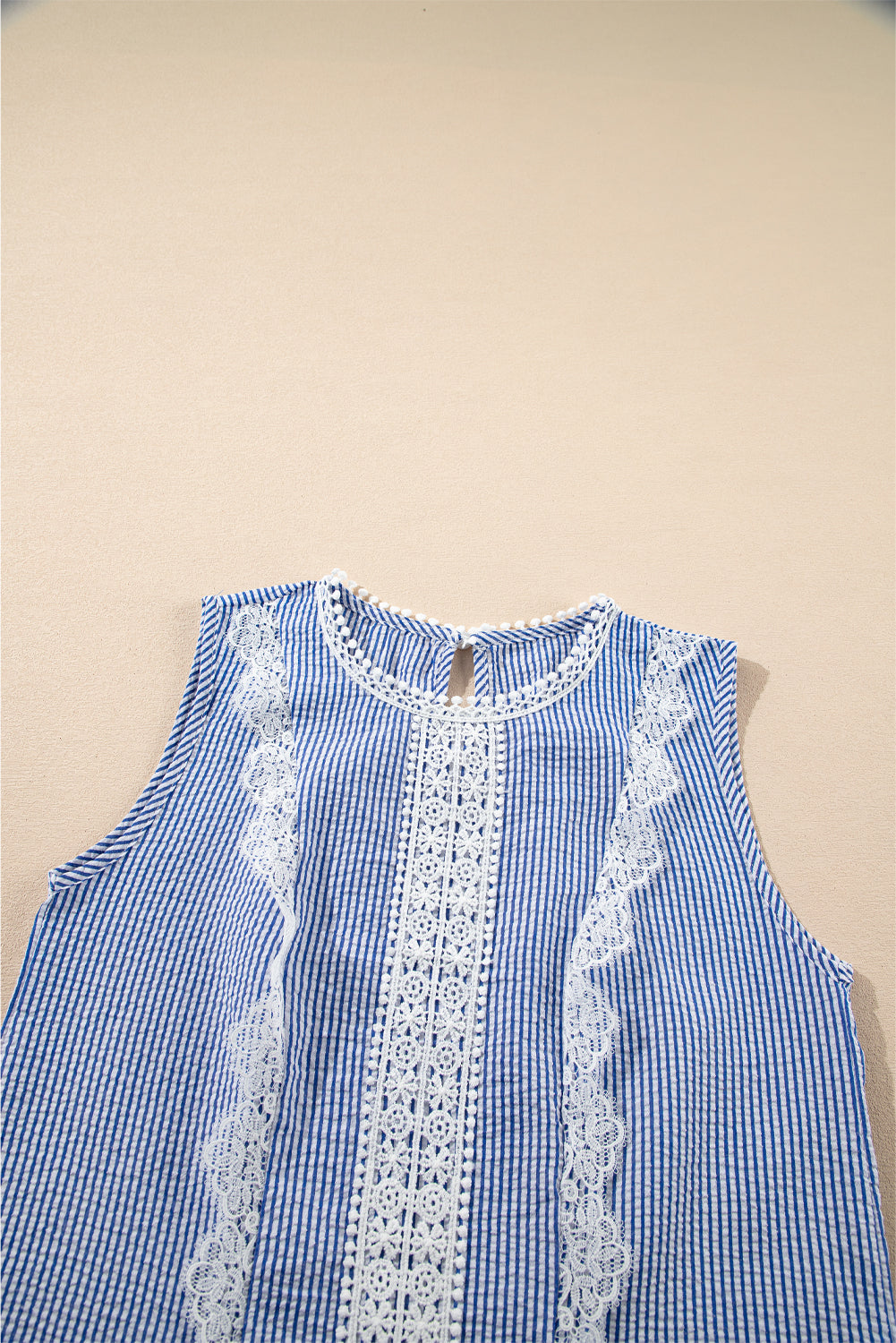 Sky Blue Stripe Floral Lace Splicing Puff Sleeve Blouse