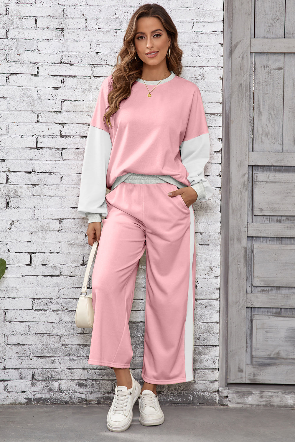 Apricot 2pcs Color Block Pullover Loose Pant Set
