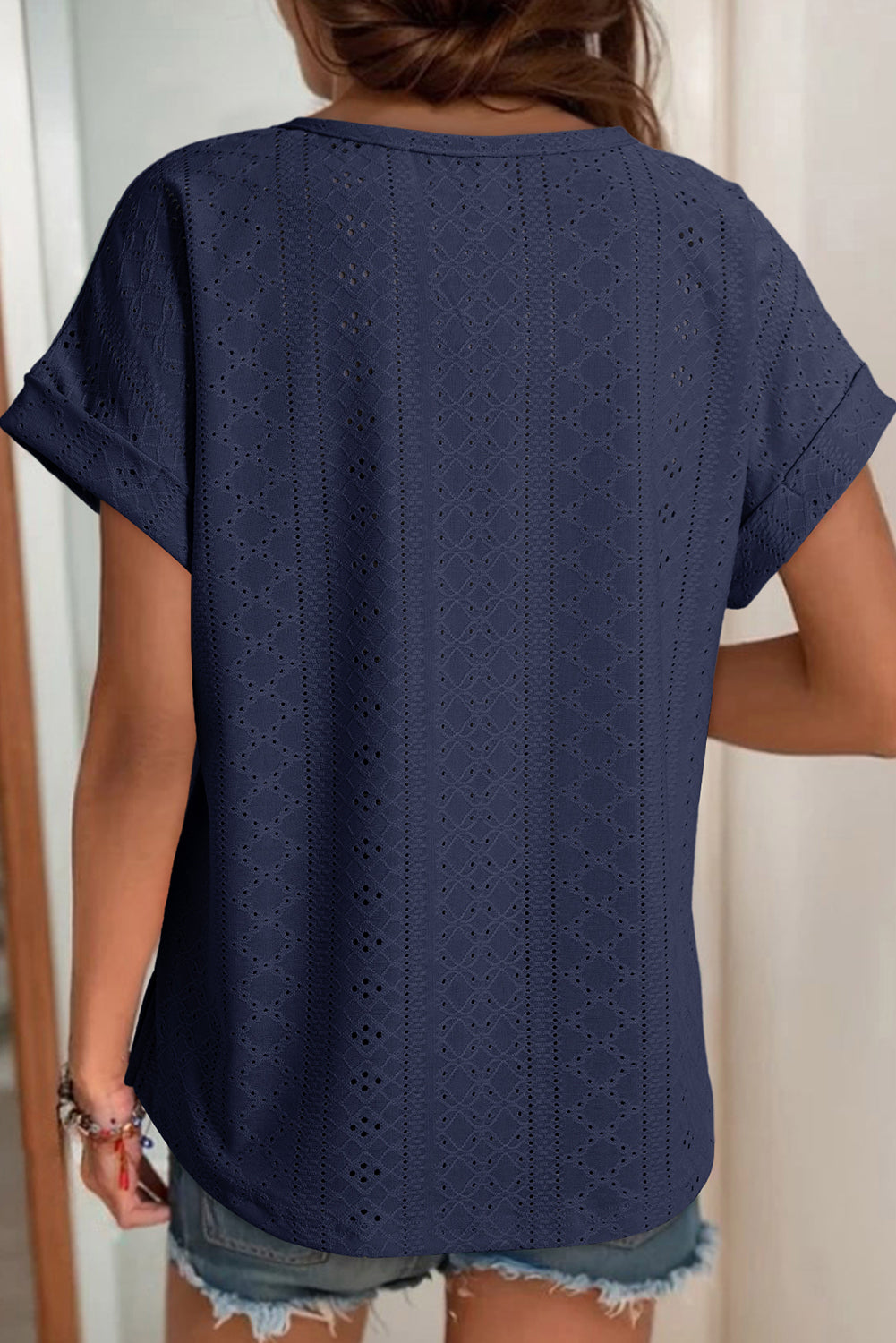 White Solid Color Eyelet Jacquard Cuffed Short Sleeve Top
