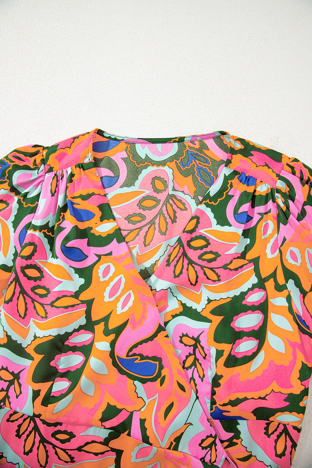 Rose Summer Plant Print Lace up V Neck Short Sleeve Blouse
