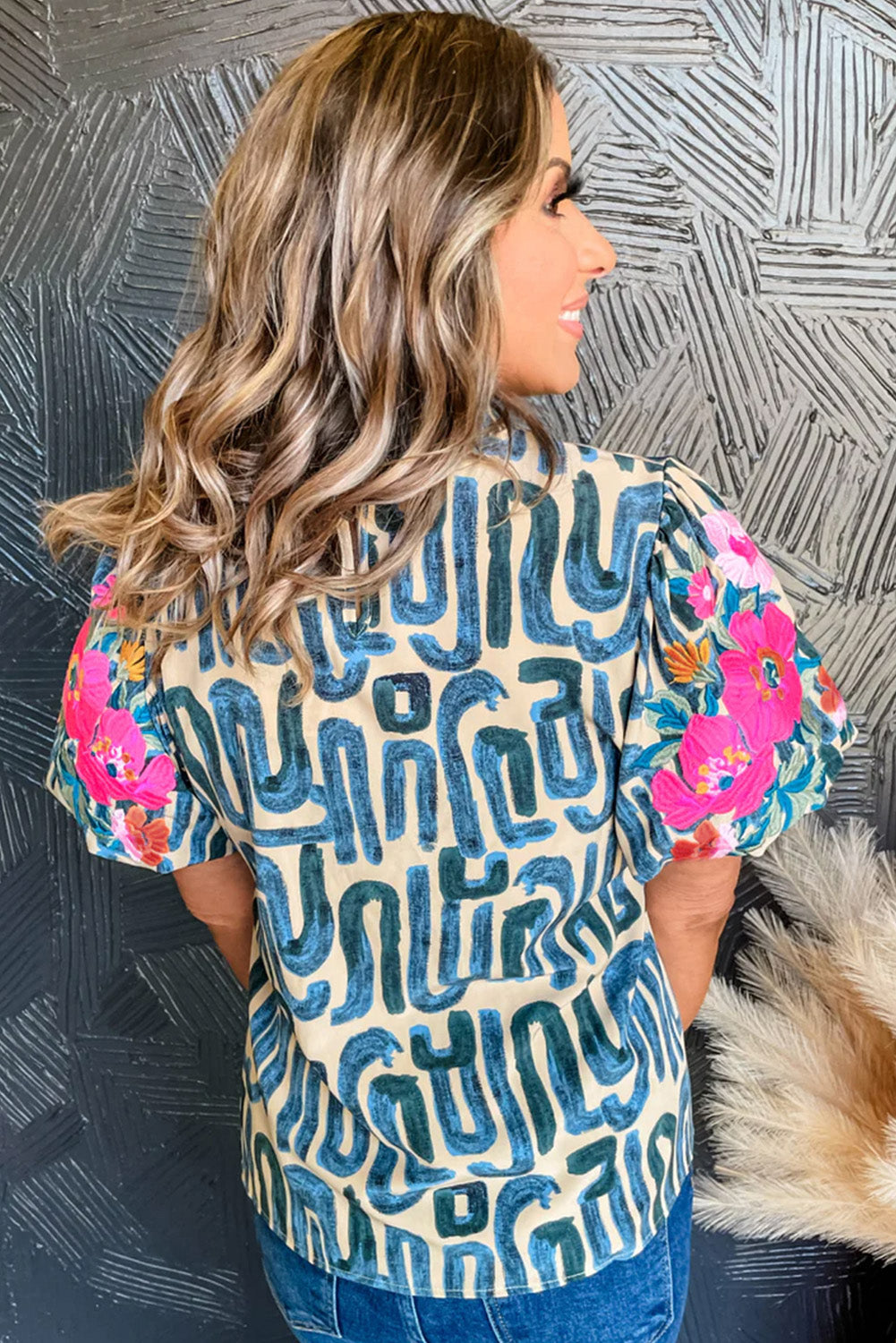 Beige Abstract Print Bubble Sleeve Button up Mini Dress