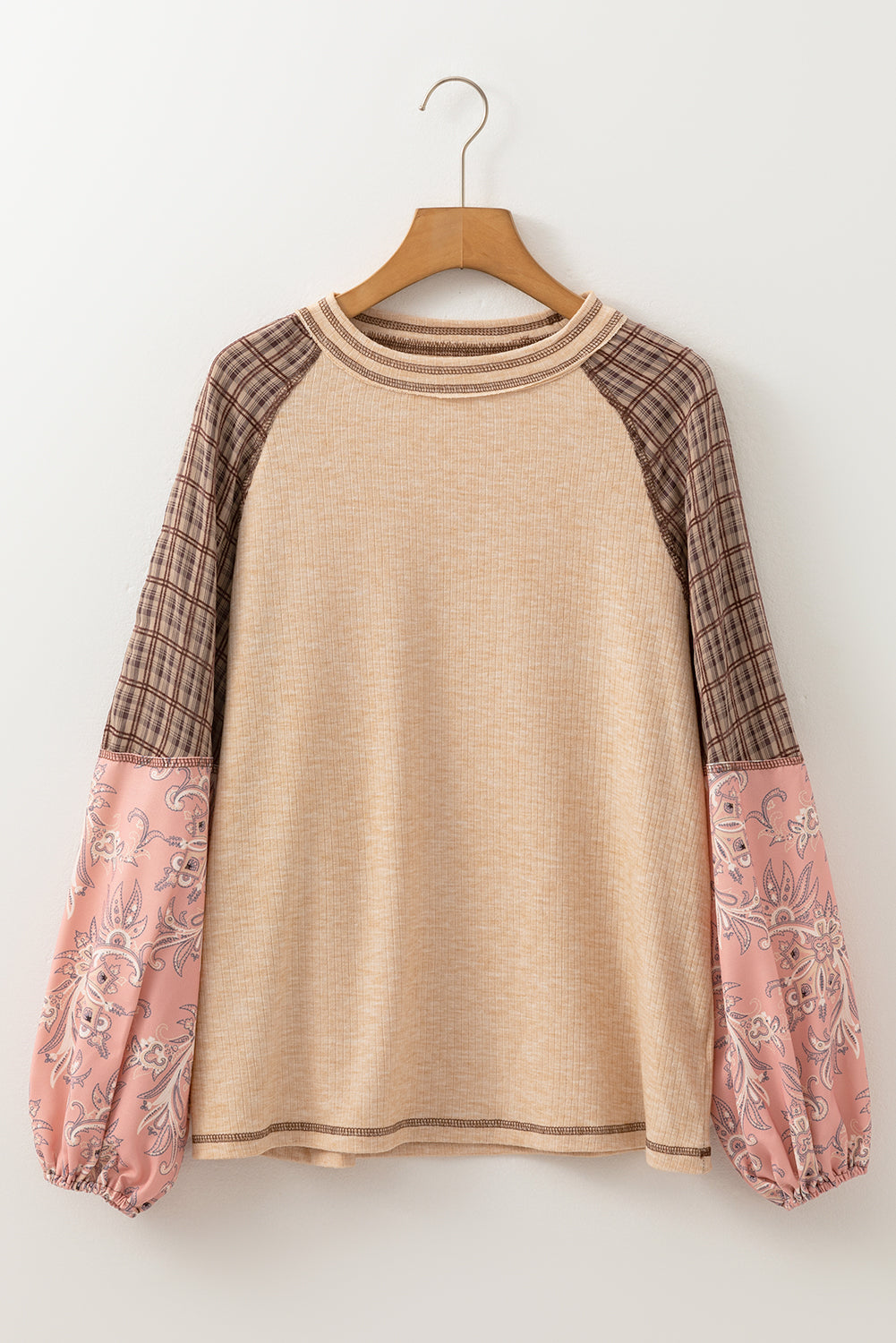Fushia Mixed Print Raglan Sleeve Ribbed Knit Patchwork Blouse