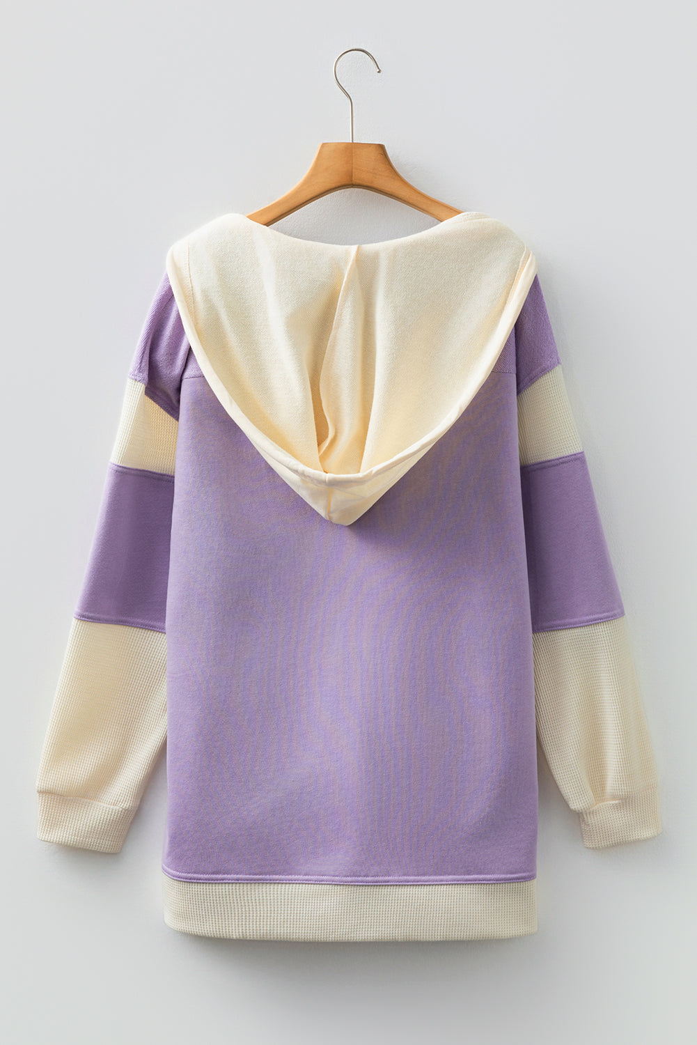 Black Waffle Contrast Knit Color Block Patchwork Button Front Oversize Hoodie