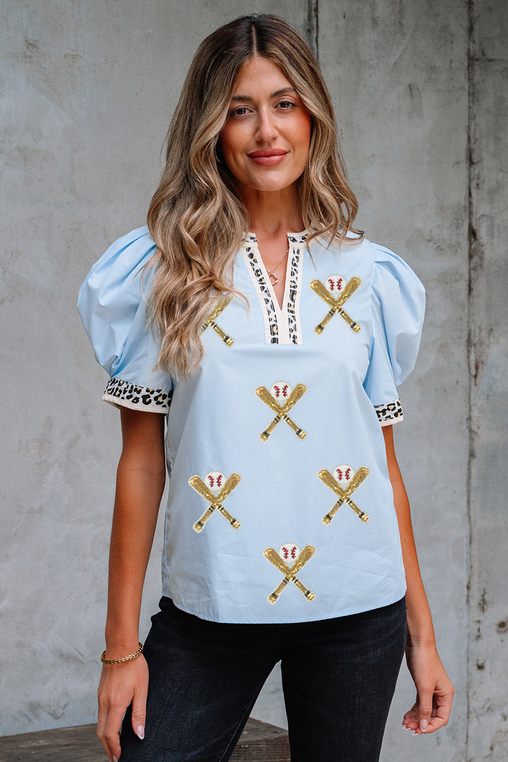 Beau Blue Sequin Baseball Set Contrast Leopard Trim Short Puff Sleeve Blouse