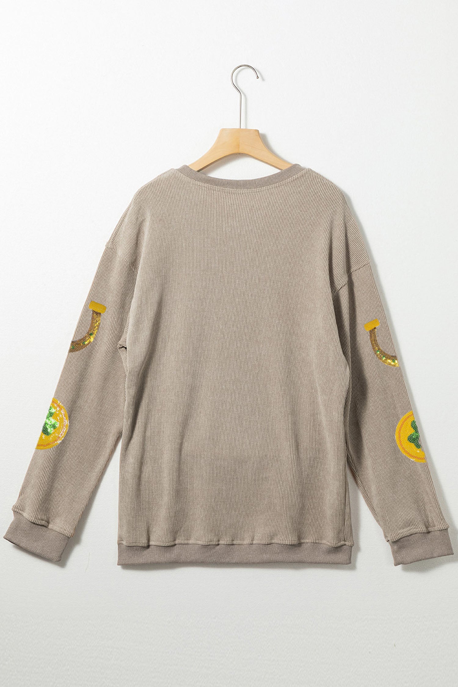 Khaki Sequin Horseshoe Mardi Gras Graphic Corded Ribbed Baggy Sweatshirt
