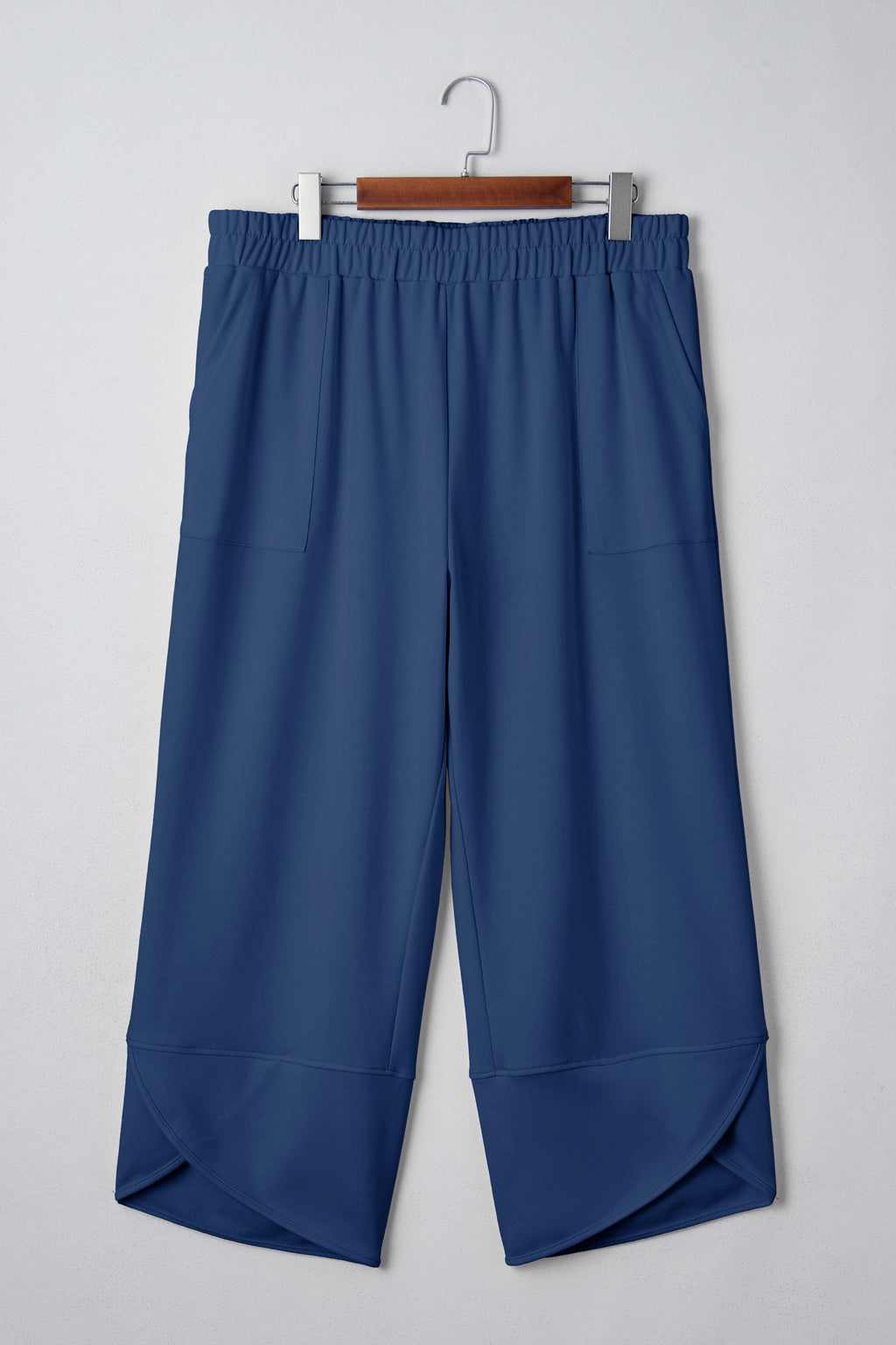 Sail Blue Plus Size Elastic Waist Asymmetrical Hem Loose Capris Pants