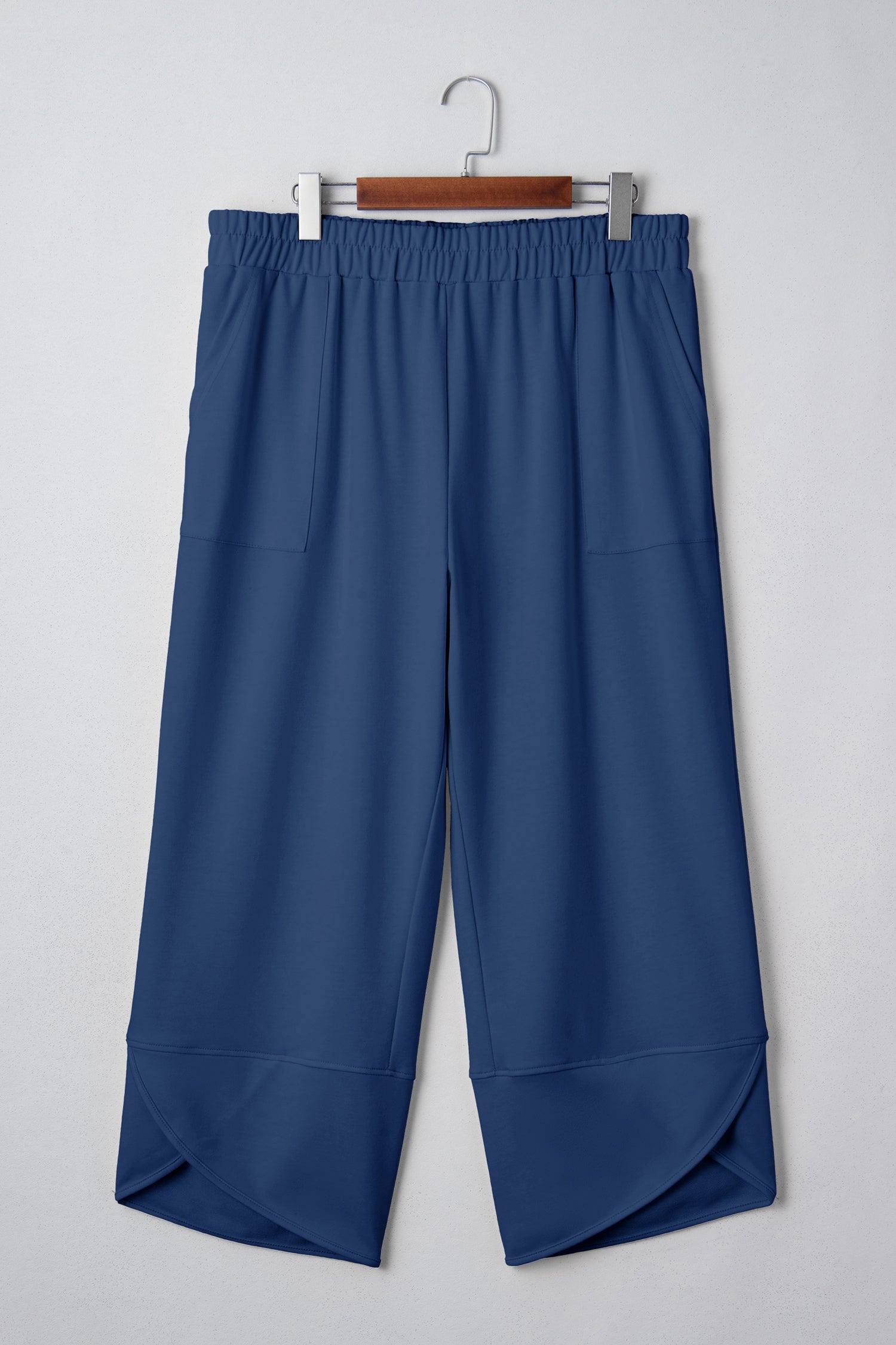 Sail Blue Plus Size Elastic Waist Asymmetrical Hem Loose Capris Pants