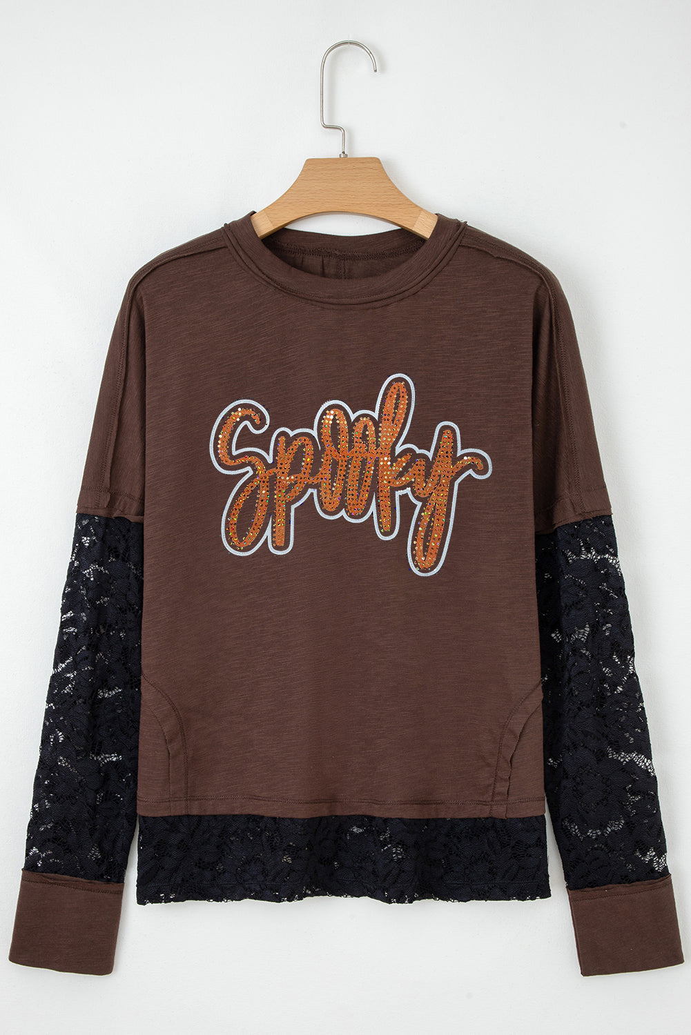 Dark Brown Rhinestone Spooky Graphic Lace Patchwork Long Sleeve T Shirt