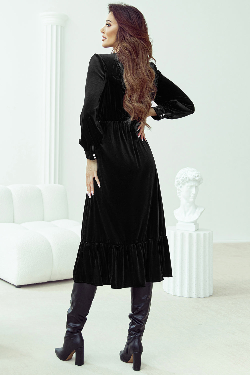 Dearlove Racing Red Velvet Buttoned Puff Sleeve V Neck Split Midi Dress