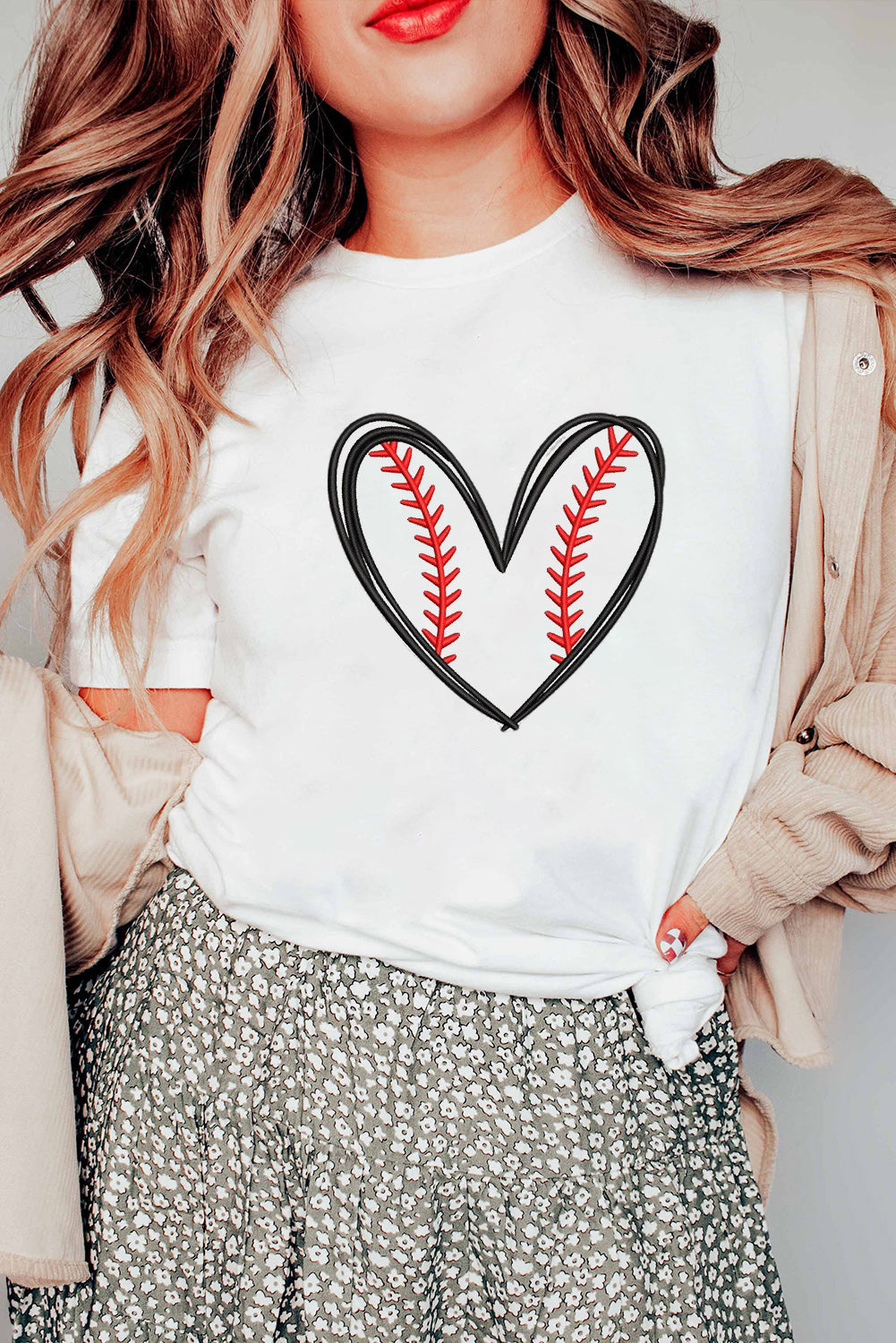 Light Grey Baseball Heart Embroidery French Terry Skort